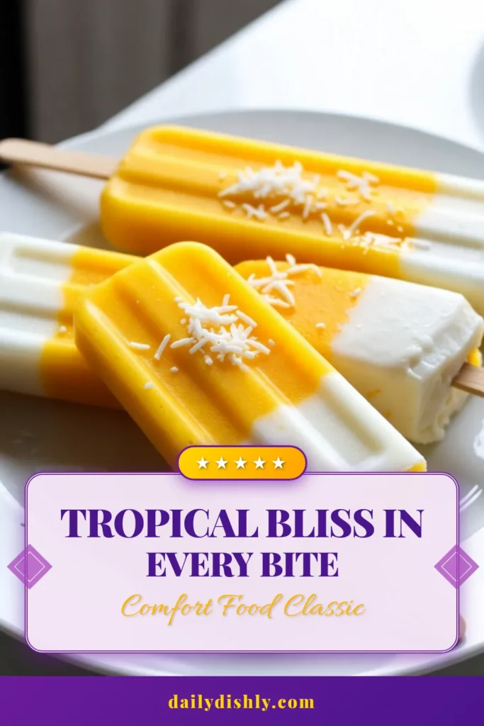 Beat the heat with these delicious tropical mango coconut popsicles! This easy homemade popsicle recipe blends ripe mangoes and creamy coconut milk for a refreshing mango coconut dessert that's perfect for summer. Enjoy healthy frozen treats that are simple to make and fun for the whole family. Try this recipe today for easy summer snacks the kids will love! Save this recipe and make your own tropical delight! #TropicalPopsicles #HealthyTreats #SummerSnacks #MangoCoconutDessert