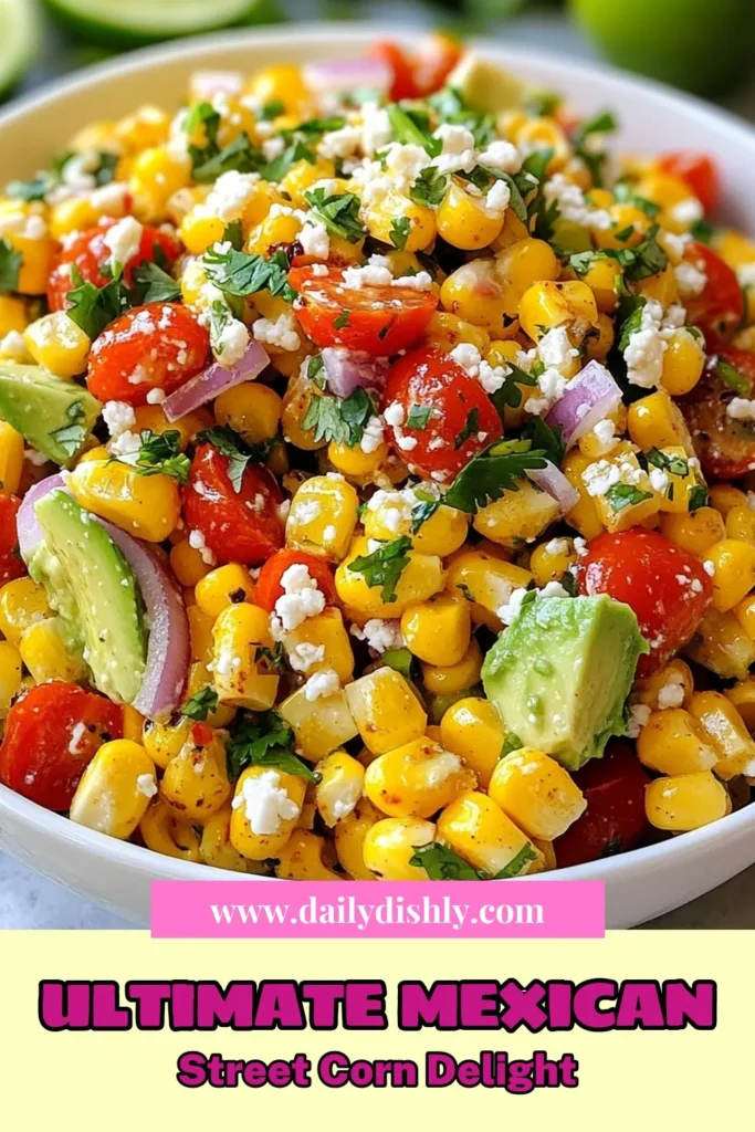 Try this delicious Mexican street corn salad, a perfect blend of fresh flavors! Our Elote salad recipe features grilled corn, colorful veggies, and creamy cotija cheese for a refreshing corn salad. Enjoy this vibrant corn salad with cotija cheese as a side dish or a light meal. Easy to make in just 25 minutes! Pin this grilled corn salad recipe now and impress your guests! #MexicanStreetCornSalad #EloteSaladRecipe #CornSaladWithCotijaCheese #FreshCornSalad