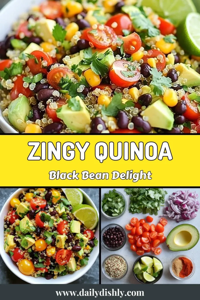 Discover the vibrant flavors of this Zesty Quinoa Black Bean Salad, a perfect addition to your healthy quinoa recipes collection. Packed with protein from black beans and topped with creamy avocado, this zesty quinoa salad is not just delicious but also a great vegetarian salad idea for any occasion. Ready in just 30 minutes, it's perfect for meal prep or a light lunch. Try it today and enjoy a fresh burst of flavor! #QuinoaBlackBeanSalad #HealthySalad #VegetarianRecipes #AvocadoQuinoaSalad