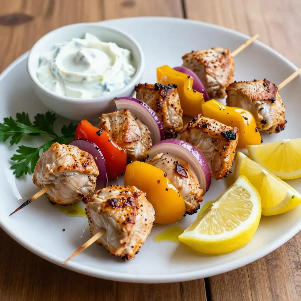 To make Greek chicken kabobs, you will need the following ingredients: - 1 pound chicken breast, cut into 1-inch cubes - 1/4 cup olive oil - 2 tablespoons lemon juice - 2 teaspoons dried oregano - 2 cloves garlic, minced - 1 teaspoon paprika - Salt and pepper to taste - 1 bell pepper (red or yellow), cut into chunks - 1 medium red onion, cut into wedges - Cherry tomatoes (optional) - Skewers (soaked in water if using wooden ones) Using fresh ingredients makes a big difference. Fresh garlic gives a strong flavor. Fresh peppers add crunch and color. However, dried herbs like oregano still add great taste. They are easy to keep on hand. If you can, use fresh. But dried works well too. You can swap some ingredients if needed. For example, chicken thighs can replace chicken breasts. They stay juicy and tender. Instead of bell peppers, you can use zucchini or mushrooms. If you don’t have lemon juice, try vinegar for a tangy taste. Just remember, these swaps might change the flavor slightly. {{ingredient_image_1}} To start, you need to make the marinade. In a large bowl, mix these ingredients: - 1/4 cup olive oil - 2 tablespoons lemon juice - 2 teaspoons dried oregano - 2 cloves garlic, minced - 1 teaspoon paprika - Salt and pepper to taste Whisk them together until they blend well. This mixture adds great flavor to the chicken. Next, add one pound of chicken breast cut into one-inch cubes to the marinade. Make sure all the pieces are well coated. Cover your bowl and place it in the fridge. Let it sit for at least one hour. Marinating overnight gives even better flavor. Now, it’s time to grill! Preheat your grill or grill pan over medium-high heat. While it heats, make your kabobs. Take soaked skewers and thread the marinated chicken, bell pepper chunks, red onion wedges, and cherry tomatoes onto them. Alternate the ingredients for a colorful look. Once your grill is hot, place the kabobs on it. Cook for 10 to 12 minutes, turning them occasionally. You want the chicken fully cooked with nice grill marks. After grilling, let the kabobs rest for a few minutes. This helps keep them juicy. Enjoy your delicious Greek chicken kabobs! Grilling Greek chicken kabobs is fun and easy. Start by preheating your grill to medium-high heat. This helps get nice grill marks on the chicken. Make sure to oil the grill grates. This prevents the kabobs from sticking. Use tongs to turn the kabobs every few minutes. This helps them cook evenly. Keep an eye on them; they can cook fast! To cook chicken perfectly, watch for color change. The chicken should be golden brown when done. Use a meat thermometer for safety. The inside should reach 165°F (75°C). Let the kabobs rest for a few minutes after grilling. This helps keep the juices inside. Juicy chicken tastes best! Soaking wooden skewers is important. It prevents them from burning on the grill. Submerge them in water for at least 30 minutes. You can also add flavor by soaking in a mix of water and lemon juice. This adds a hint of zest to the kabobs. Always use soaked skewers for the best results. Enjoy your grilling! Pro Tips Marinate for Maximum Flavor: Allow the chicken to marinate for at least 1 hour, but overnight is ideal for deeper flavor penetration. Don’t Overcrowd the Skewers: Leave some space between the ingredients on the skewers to ensure even cooking and proper grill marks. Check for Doneness: Use a meat thermometer to check that the chicken has reached an internal temperature of 165°F (75°C) for safe consumption. Use Fresh Veggies: Opt for fresh bell peppers and onions for the best texture and flavor; they should be vibrant and firm. {{image_2}} You can mix up your kabobs with different veggies. Try zucchini, mushrooms, or eggplant. They add great taste and color. You can also use asparagus or cherry peppers. These veggies grill well and give a nice crunch. Feel free to play with the marinade! You can swap lemon juice for lime juice for a twist. Add some honey for sweetness if you like. For a spicy kick, include red pepper flakes or chili powder. Experiment with fresh herbs like thyme or rosemary too. You can easily make these kabobs in the oven. Preheat your oven to 400°F. Place your skewers on a baking sheet. Bake for 20-25 minutes until the chicken is cooked through. Flip the kabobs halfway to ensure even cooking. This method works great when grilling isn’t an option. After grilling, let the kabobs cool down. Place them in an airtight container. You can store them in the fridge for up to three days. This way, they stay fresh and tasty. To reheat, use your oven or grill. Preheat your oven to 350°F. Place the kabobs on a baking sheet. Bake for about 10 minutes. If you use a grill, heat it to medium. Grill the kabobs for a few minutes until warm. This keeps them juicy and flavorful. If you want to save kabobs for later, freezing is great. Wrap each kabob in plastic wrap. Then, place them in a freezer bag. They can stay frozen for up to three months. When you’re ready to eat, thaw them in the fridge overnight. Reheat as mentioned above. Enjoy your delicious kabobs anytime! You can marinate chicken for kabobs for at least 1 hour. For the best flavor, I recommend marinating it overnight. This lets the chicken soak up all the tasty spices and juices. The longer you marinate, the more tender and flavorful your chicken will be. Yes, you can bake Greek chicken kabobs. Preheat your oven to 400°F (200°C). Place the kabobs on a baking sheet lined with foil or parchment paper. Bake for about 15-20 minutes. Turn them halfway through cooking to ensure they brown evenly. Grilling gives a nice smoky flavor, but baking works well too. You can serve Greek chicken kabobs with many tasty sides. Here are some ideas: - Tzatziki sauce for dipping - A simple Greek salad with tomatoes, cucumber, and feta cheese - Pita bread or warm flatbreads - Roasted vegetables like zucchini and eggplant - Rice or couscous to round out the meal These sides complement the flavors of the kabobs and make for a delightful meal. In this blog post, we explored how to make delicious Greek chicken kabobs. We covered important ingredients, both fresh and dried, and how to swap them if needed. You learned step-by-step instructions for marinating and grilling the kabobs. We shared tips for great grilling and cooking the chicken just right. You also found out about tasty variations to try and how to properly store your leftovers. Embrace your creativity and enjoy the kabob-making process. Savor the flavors and impress your family and friends. Happy grilling!