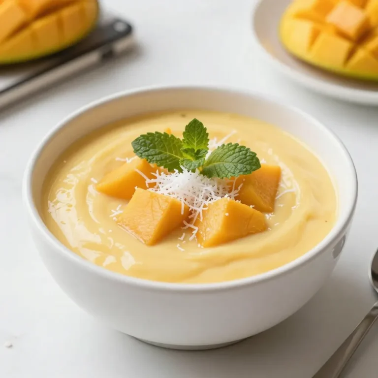 For the creamy coconut mango pudding, gather the following: - 1 ripe mango, diced - 1 can (400 ml) coconut milk - 1/4 cup chia seeds - 1/4 cup maple syrup (or honey) - 1 teaspoon vanilla extract - A pinch of salt - Shredded coconut and mint leaves for garnish When choosing coconut milk, I recommend brands like Thai Kitchen or Aroy-D. These brands offer a rich and creamy texture, perfect for your pudding. If you want to make more servings, here are some conversions: - For 8 servings, double all ingredients. - For 2 servings, halve all ingredients. If you prefer different sweeteners, consider using agave syrup or stevia. These work well and keep the pudding tasty without added sugar. {{ingredient_image_1}} To make the creamy coconut mango pudding, start by gathering your ingredients. You will need a ripe mango, coconut milk, chia seeds, maple syrup, vanilla extract, and a pinch of salt. 1. In a blender, add the diced mango, coconut milk, maple syrup, vanilla extract, and salt. 2. Blend these ingredients on high until you have a smooth and creamy mixture. This step is key for a great texture. 3. In a mixing bowl, place the chia seeds. Pour the blended mixture over the chia seeds. 4. Stir well to mix everything together. This ensures that the chia seeds soak up the liquid evenly. 5. Let the mixture sit for about 10 minutes. Then, stir again to break up any clumps of chia seeds. To achieve the best texture, make sure to blend until completely smooth. If you see any chunks, blend a bit longer. Now, cover the bowl with a lid or plastic wrap. Place it in the refrigerator for at least 2 hours. This will allow the pudding to thicken and set properly. You know the pudding is ready when it feels firm but still slightly jiggly. It should not run when you tilt the bowl. If it looks too runny, give it more time in the fridge. Once set, gently stir the pudding before serving. This will help to mix any chia seeds that may have settled. To make this pudding great, watch out for common mistakes. First, ensure you blend the mango well. If you leave chunks, the texture may not be smooth. Next, mix the chia seeds thoroughly. If not, they can clump together. You can adjust the sweetness, too. Start with 1/4 cup of maple syrup. Taste the mixture and add more if you like it sweeter. Remember, the pudding will taste less sweet after chilling. Garnishing adds fun to your pudding. Try adding extra diced mango on top. It gives a fresh look and taste! Shredded coconut also makes it more tropical. For a pop of color, use mint leaves. Pair this pudding with fresh fruit salad for a light dessert. You can also serve it with a scoop of vanilla ice cream for a creamy twist. Enjoy your delicious creation! Pro Tips Choose Ripe Mangoes: Ensure your mango is ripe for the best flavor and sweetness. Look for a mango that gives slightly when squeezed and has a sweet aroma. Chia Seed Soaking: Let the chia seeds soak longer than 10 minutes if possible. This will ensure a creamier texture as the seeds fully absorb the liquid. Customize Sweetness: Adjust the sweetness level by adding more or less maple syrup or honey according to your taste preferences. Presentation Matters: For an impressive presentation, layer the pudding with extra diced mango and a sprinkle of shredded coconut before serving. {{image_2}} You can play with flavors in this creamy coconut mango pudding. Try adding other fruits like: - Pineapple for a tangy twist - Banana for extra creaminess - Berries for a pop of color These fruits mix well with mango and coconut. You can also add spices to enhance the taste. Cardamom gives a warm, fragrant note. Ginger adds a nice zing. Just a pinch of either spice can make a big difference. If you want vegan options, this recipe is already dairy-free. Use maple syrup for sweetness. It fits perfectly for vegans. If you want low-calorie or low-carb options, try these ideas: - Use less maple syrup or opt for stevia. - Swap chia seeds for flaxseeds to cut carbs. These small changes can help meet different dietary needs while keeping the flavor intact. Enjoy your creamy coconut mango pudding in a way that suits you! To store leftover pudding, place it in an airtight container. This keeps it fresh and safe. Before sealing, let the pudding cool completely. The pudding will last for up to five days in the fridge. After that, its taste and texture may change. Always check for any signs of spoilage before eating. Can you freeze coconut mango pudding? Yes, you can freeze it! This pudding freezes well, making it great for meal prep. To freeze, pour the pudding into a freezer-safe container. Leave some space at the top for expansion. It can stay frozen for up to three months. Thawing and serving advice after freezing: To thaw, move the container to the fridge overnight. This keeps the pudding creamy. Once thawed, stir well before serving. If it looks too thick, add a splash of coconut milk to adjust the texture. Enjoy it as a refreshing treat! Can I use frozen mango instead of fresh? Yes, you can use frozen mango. Just thaw it first. This helps improve the blend. Frozen mango adds great taste and saves time. I often use frozen fruits for convenience. What if I don’t have chia seeds? If you don’t have chia seeds, you can use flaxseeds. Both seeds help thicken the pudding. You can also try using gelatin if you prefer. Just remember to adjust the method slightly. Nutritional breakdown of the recipe This pudding is rich in healthy fats and fiber. Each serving has about 200 calories. It offers around 5 grams of protein. You also get vitamins from mango and coconut. Allergen information related to ingredients This recipe is dairy-free and gluten-free. However, check the labels for allergens. Coconut is a common allergen, so be cautious. Maple syrup is safe for most diets, but honey is not vegan. You learned about the key ingredients needed for coconut mango pudding. We discussed brands for coconut milk and how to measure ingredients. I gave you step-by-step instructions for mixing, blending, and setting the pudding. You now know common mistakes to avoid and creative serving ideas. Try different flavors and dietary options to make this pudding your own. Remember to store leftovers properly for the best taste. Enjoy making this delicious treat, and don't hesitate to experiment to find your perfect version. Happy cooking!