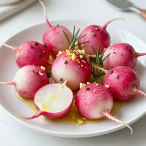 - 1 bunch radishes, washed and trimmed - 3 tablespoons olive oil - 4 cloves garlic, minced - 1 teaspoon fresh rosemary, chopped - 1 teaspoon fresh thyme, chopped - Salt and pepper to taste - Zest of 1 lemon The ingredients for this dish are simple and fresh. Radishes shine here, offering a crisp texture. Olive oil adds richness, while garlic brings a strong, savory flavor. Fresh rosemary and thyme enhance the dish with herbal notes. Salt and pepper help balance and elevate all the flavors. Finally, lemon zest adds brightness right before serving. Roasted radishes are low in calories and high in nutrients. Here’s a quick breakdown: - Calories: About 50 per serving - Carbohydrates: 11 grams - Fats: 4 grams - Protein: 2 grams This dish is light yet satisfying, making it a great side. It fits well into many diets, adding flavor without many calories. Radishes offer many health benefits. They are rich in vitamins and minerals, including vitamin C. This vitamin supports your immune system. Radishes also contain fiber, which aids digestion. Eating radishes may help reduce blood pressure and improve heart health. Their natural compounds can fight inflammation, making them a healthy choice. Enjoying roasted radishes gives you both taste and nutrition in one dish. {{ingredient_image_1}} 1. First, preheat your oven to 425°F (220°C). This heat helps to roast the radishes well. 2. Next, wash and trim the radishes. Make sure they are clean and ready for roasting. 1. In a large bowl, combine the radishes with olive oil, minced garlic, rosemary, thyme, salt, and pepper. Toss them well. This ensures every radish gets coated with flavor. 2. Spread the radishes on a baking sheet in a single layer. This helps them roast evenly and get that nice brown color. 1. Bake the radishes for about 25-30 minutes. They should be tender and golden brown. Stir them halfway through to cook evenly. 2. After roasting, remove them from the oven and sprinkle with lemon zest. This adds a fresh and bright flavor. Adjust seasoning to taste before serving warm. To get tender radishes, start by cutting them evenly. This helps them cook the same. Use a high heat, around 425°F (220°C). This heat gives them a nice color. Stir them halfway to ensure even cooking and browning. Keep an eye on them. They should become golden and soft after about 25-30 minutes. To make your dish more exciting, try adding other herbs or spices. Basil, dill, or even a hint of chili powder can change the flavor. You can also drizzle balsamic reduction or vinegar on top after roasting. This adds a sweet and tangy twist that elevates the dish. One big mistake is overcrowding the baking sheet. If the radishes are too close, they will steam instead of roast. This prevents browning and makes them soggy. Another mistake is not using enough seasoning. Salt and pepper are essential. Don’t skip them; they bring out the radish's natural taste. Pro Tips Choose Fresh Radishes: Look for radishes that are firm and have bright green tops. Fresh radishes will have a better flavor and texture when roasted. Don't Skip the Stir: Stirring the radishes halfway through cooking helps them brown evenly and enhances their flavor. Experiment with Herbs: Feel free to mix and match herbs according to your taste. Dill or parsley can also add a unique flavor to the dish. Serving Suggestions: These roasted radishes make a great side dish for grilled meats or can be tossed into salads for added crunch and flavor. {{image_2}} You can switch up the radishes in this recipe. Try using black radishes for a spicier kick. Daikon radishes also work well. They bring a milder flavor and a unique texture. Both options can give your dish a fun twist. Flavored oils can change the taste too. Use garlic-infused olive oil for more depth. You can also try chili oil if you like heat. For a citrusy note, swap olive oil with lemon oil. It brightens the radishes and adds a fresh zing. Making this dish vegan is simple. Just keep the ingredients as they are. This recipe is already vegan-friendly. If you need it gluten-free, you’re in luck. All the ingredients are gluten-free. No need to change anything. Just enjoy the dish without worry. For those on a low-sodium diet, reduce or skip the salt. The herbs and lemon zest bring plenty of flavor on their own. You can also use low-sodium garlic powder instead of fresh garlic. Pair these radishes with grilled chicken or fish. They add a colorful side to your meal. You can also serve them with a salad for a fresh crunch. For a fun presentation, arrange the radishes on a large platter. Drizzle with balsamic glaze for a pop of color. Garnish with extra herbs to make it look fancy. You can even serve them in small bowls for individual portions. This makes your table look inviting and special. To keep your leftover herb garlic roasted radishes fresh, follow these steps: - Let the radishes cool to room temperature. - Place them in an airtight container. - Store in the fridge for up to four days. This method keeps the radishes tasty and safe to eat later. When you want to enjoy your leftover radishes, reheat them carefully. - Preheat your oven to 350°F (175°C). - Spread the radishes on a baking sheet. - Heat for about 10-15 minutes until warm. This method helps maintain their soft texture and flavor. Can you freeze roasted radishes? Yes, but it's best to avoid it if possible. - If you must freeze, let them cool first. - Place them in a freezer-safe bag. - They can last up to three months in the freezer. However, freezing may change their texture. They may become mushy when thawed. Always use fresh radishes for the best taste. To make roasted radishes crispy, follow a few simple steps. First, ensure you cut the radishes into equal sizes. This helps them cook evenly. Next, use enough olive oil to coat them well, but don’t drown them. A good rule is three tablespoons for one bunch. Also, spread them out on the baking sheet. If they are too close, they will steam instead of roast. Finally, stir them halfway through baking. This gives them a chance to brown all over. Yes, you can use other vegetables! Carrots, Brussels sprouts, or turnips work well. You can also try beets for a sweeter flavor. Just keep in mind that different veggies may need a bit more or less time to roast. Cut them into similar sizes to radishes for even cooking. Season them the same way as the radishes to keep that tasty herb and garlic flavor. Roasted radishes last about three to five days in the fridge. Store them in an airtight container to keep them fresh. When you want to eat them again, just reheat in the oven or a skillet. This helps restore some of the crispiness. Avoid the microwave, as it can make them soggy. Roasting radishes is simple and rewarding. We covered the right ingredients, health benefits, and easy steps. Mastering roasting gives you tender, tasty radishes full of flavor. Don't forget to explore variations and tips to enhance your dish. Proper storage helps keep leftovers fresh, so enjoy them later. With this guide, you can create delicious roasted radishes that impress everyone. Now, it’s your turn to try this dish and make it your own!