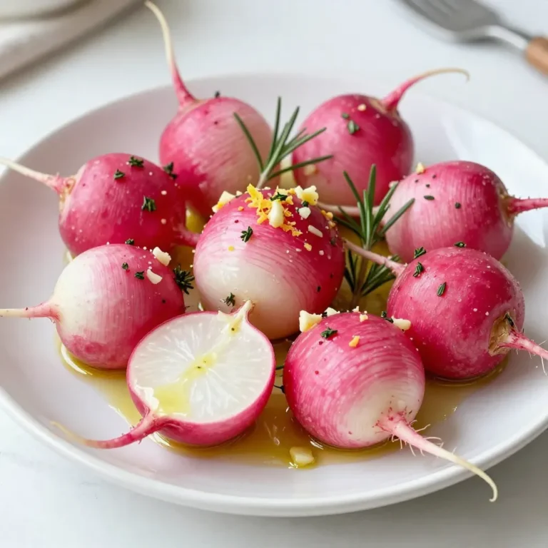 - 1 bunch radishes, washed and trimmed - 3 tablespoons olive oil - 4 cloves garlic, minced - 1 teaspoon fresh rosemary, chopped - 1 teaspoon fresh thyme, chopped - Salt and pepper to taste - Zest of 1 lemon The ingredients for this dish are simple and fresh. Radishes shine here, offering a crisp texture. Olive oil adds richness, while garlic brings a strong, savory flavor. Fresh rosemary and thyme enhance the dish with herbal notes. Salt and pepper help balance and elevate all the flavors. Finally, lemon zest adds brightness right before serving. Roasted radishes are low in calories and high in nutrients. Here’s a quick breakdown: - Calories: About 50 per serving - Carbohydrates: 11 grams - Fats: 4 grams - Protein: 2 grams This dish is light yet satisfying, making it a great side. It fits well into many diets, adding flavor without many calories. Radishes offer many health benefits. They are rich in vitamins and minerals, including vitamin C. This vitamin supports your immune system. Radishes also contain fiber, which aids digestion. Eating radishes may help reduce blood pressure and improve heart health. Their natural compounds can fight inflammation, making them a healthy choice. Enjoying roasted radishes gives you both taste and nutrition in one dish. {{ingredient_image_1}} 1. First, preheat your oven to 425°F (220°C). This heat helps to roast the radishes well. 2. Next, wash and trim the radishes. Make sure they are clean and ready for roasting. 1. In a large bowl, combine the radishes with olive oil, minced garlic, rosemary, thyme, salt, and pepper. Toss them well. This ensures every radish gets coated with flavor. 2. Spread the radishes on a baking sheet in a single layer. This helps them roast evenly and get that nice brown color. 1. Bake the radishes for about 25-30 minutes. They should be tender and golden brown. Stir them halfway through to cook evenly. 2. After roasting, remove them from the oven and sprinkle with lemon zest. This adds a fresh and bright flavor. Adjust seasoning to taste before serving warm. To get tender radishes, start by cutting them evenly. This helps them cook the same. Use a high heat, around 425°F (220°C). This heat gives them a nice color. Stir them halfway to ensure even cooking and browning. Keep an eye on them. They should become golden and soft after about 25-30 minutes. To make your dish more exciting, try adding other herbs or spices. Basil, dill, or even a hint of chili powder can change the flavor. You can also drizzle balsamic reduction or vinegar on top after roasting. This adds a sweet and tangy twist that elevates the dish. One big mistake is overcrowding the baking sheet. If the radishes are too close, they will steam instead of roast. This prevents browning and makes them soggy. Another mistake is not using enough seasoning. Salt and pepper are essential. Don’t skip them; they bring out the radish's natural taste. Pro Tips Choose Fresh Radishes: Look for radishes that are firm and have bright green tops. Fresh radishes will have a better flavor and texture when roasted. Don't Skip the Stir: Stirring the radishes halfway through cooking helps them brown evenly and enhances their flavor. Experiment with Herbs: Feel free to mix and match herbs according to your taste. Dill or parsley can also add a unique flavor to the dish. Serving Suggestions: These roasted radishes make a great side dish for grilled meats or can be tossed into salads for added crunch and flavor. {{image_2}} You can switch up the radishes in this recipe. Try using black radishes for a spicier kick. Daikon radishes also work well. They bring a milder flavor and a unique texture. Both options can give your dish a fun twist. Flavored oils can change the taste too. Use garlic-infused olive oil for more depth. You can also try chili oil if you like heat. For a citrusy note, swap olive oil with lemon oil. It brightens the radishes and adds a fresh zing. Making this dish vegan is simple. Just keep the ingredients as they are. This recipe is already vegan-friendly. If you need it gluten-free, you’re in luck. All the ingredients are gluten-free. No need to change anything. Just enjoy the dish without worry. For those on a low-sodium diet, reduce or skip the salt. The herbs and lemon zest bring plenty of flavor on their own. You can also use low-sodium garlic powder instead of fresh garlic. Pair these radishes with grilled chicken or fish. They add a colorful side to your meal. You can also serve them with a salad for a fresh crunch. For a fun presentation, arrange the radishes on a large platter. Drizzle with balsamic glaze for a pop of color. Garnish with extra herbs to make it look fancy. You can even serve them in small bowls for individual portions. This makes your table look inviting and special. To keep your leftover herb garlic roasted radishes fresh, follow these steps: - Let the radishes cool to room temperature. - Place them in an airtight container. - Store in the fridge for up to four days. This method keeps the radishes tasty and safe to eat later. When you want to enjoy your leftover radishes, reheat them carefully. - Preheat your oven to 350°F (175°C). - Spread the radishes on a baking sheet. - Heat for about 10-15 minutes until warm. This method helps maintain their soft texture and flavor. Can you freeze roasted radishes? Yes, but it's best to avoid it if possible. - If you must freeze, let them cool first. - Place them in a freezer-safe bag. - They can last up to three months in the freezer. However, freezing may change their texture. They may become mushy when thawed. Always use fresh radishes for the best taste. To make roasted radishes crispy, follow a few simple steps. First, ensure you cut the radishes into equal sizes. This helps them cook evenly. Next, use enough olive oil to coat them well, but don’t drown them. A good rule is three tablespoons for one bunch. Also, spread them out on the baking sheet. If they are too close, they will steam instead of roast. Finally, stir them halfway through baking. This gives them a chance to brown all over. Yes, you can use other vegetables! Carrots, Brussels sprouts, or turnips work well. You can also try beets for a sweeter flavor. Just keep in mind that different veggies may need a bit more or less time to roast. Cut them into similar sizes to radishes for even cooking. Season them the same way as the radishes to keep that tasty herb and garlic flavor. Roasted radishes last about three to five days in the fridge. Store them in an airtight container to keep them fresh. When you want to eat them again, just reheat in the oven or a skillet. This helps restore some of the crispiness. Avoid the microwave, as it can make them soggy. Roasting radishes is simple and rewarding. We covered the right ingredients, health benefits, and easy steps. Mastering roasting gives you tender, tasty radishes full of flavor. Don't forget to explore variations and tips to enhance your dish. Proper storage helps keep leftovers fresh, so enjoy them later. With this guide, you can create delicious roasted radishes that impress everyone. Now, it’s your turn to try this dish and make it your own!