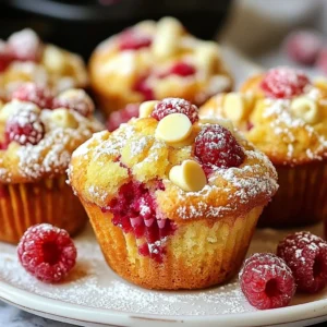 The right ingredients make all the difference. For tasty raspberry white chocolate muffins, gather these items: - 1 cup fresh raspberries (or frozen, thawed) - 1 cup white chocolate chips - 2 cups all-purpose flour - 1 cup granulated sugar - 1/2 cup unsalted butter, melted - 1 cup buttermilk (or substitute with milk + 1 tbsp vinegar) - 2 large eggs - 1 tablespoon baking powder - 1/2 teaspoon baking soda - 1/4 teaspoon salt - 1 teaspoon vanilla extract Each ingredient works together to create a soft, sweet muffin. The raspberries add a bright, tart flavor. The white chocolate chips bring a creamy sweetness. Using fresh raspberries gives the best taste, but frozen will work too. For the flour, all-purpose flour is perfect. It gives the muffins structure without being too heavy. Butter adds richness and moisture. Buttermilk is key for a tender crumb. If you don't have buttermilk, mix milk with vinegar as a quick substitute. The eggs bind everything and help the muffins rise. Baking powder and baking soda are your leavening agents. They help the muffins puff up and stay light. Lastly, a touch of salt enhances all the flavors. Vanilla extract adds a nice warmth. With these ingredients, you are ready to bake delicious raspberry white chocolate muffins! {{ingredient_image_1}} - Preheat the oven to 375°F (190°C). Line a muffin tin with paper liners or grease it with butter. - In a large bowl, whisk together the melted butter, sugar, and eggs until blended. - Add the buttermilk and vanilla extract to the mix, whisking until smooth. - In another bowl, sift together the flour, baking powder, baking soda, and salt. - Gradually add the dry mixture to the wet mixture. Stir gently until just combined. Be careful not to overmix. - Fold in the raspberries and white chocolate chips until they are evenly spread in the batter. - Divide the batter into the muffin cups, filling each about two-thirds full. - Bake for 18-20 minutes. Check if a toothpick comes out clean from the center. - After baking, let the muffins cool in the pan for 5 minutes. Then, transfer them to a wire rack to cool completely. How to properly measure flour To measure flour correctly, use a spoon. Scoop flour into a measuring cup. Level it with a knife. Do not pack it down. This method keeps your muffins light and fluffy. Ensuring muffins are moisture-balanced Moisture is key in muffins. Use fresh ingredients like buttermilk and melted butter. If your batter feels too thick, add a splash of milk. This helps keep the muffins soft. Avoiding overmixing Mixing the batter too much can lead to tough muffins. Stir until you see no dry flour. It’s okay if the batter looks a bit lumpy. This keeps your muffins tender and airy. Creative serving ideas Serve your muffins on a bright plate. Arrange a few fresh raspberries around them. This adds a pop of color and makes your dish look inviting. Adding a powdered sugar dusting For a touch of elegance, dust the muffins with powdered sugar. Use a fine sieve to sprinkle lightly. This makes them look fancy, perfect for guests or special occasions. Garnishing with fresh raspberries Top each muffin with a fresh raspberry before serving. It adds a nice touch and shows off the flavor inside. Plus, it makes every bite even more delicious! Pro Tips Use Fresh Raspberries: Fresh raspberries will provide the best flavor and texture, making your muffins taste delightful. Room Temperature Ingredients: Ensure your eggs and buttermilk are at room temperature for a smoother batter and better rise. Avoid Overmixing: Mix the batter just until combined to keep your muffins light and fluffy. Storing Muffins: Keep your muffins in an airtight container at room temperature for up to 3 days, or freeze for longer storage. {{image_2}} You can make fun changes to your raspberry white chocolate muffins. Here are some ideas: - Using different types of chocolate: Try dark chocolate or milk chocolate instead of white. Each type gives a new taste. Dark chocolate adds a rich flavor, while milk chocolate creates a sweeter muffin. - Adding nuts or seeds: Chopped walnuts or almonds can add a nice crunch. You can also use seeds like sunflower or pumpkin for a nut-free option. They bring extra nutrition and texture. - Adjusting sweetness levels: If you want a less sweet muffin, cut back on the sugar. You can also use honey or maple syrup for a natural sweetener. Adjusting sweetness can change the whole taste! You can mix in new flavors to make these muffins even better. Here are some tasty ideas: - Infusing lemon or orange zest: Adding a bit of lemon or orange zest brings a bright, fresh taste. Just a teaspoon can make a big difference. - Incorporating spices like cinnamon: A sprinkle of cinnamon adds warmth and depth. It pairs well with both raspberry and white chocolate. You could also try nutmeg for a different flavor twist. - Trying with other berries: Swap raspberries for blueberries, strawberries, or blackberries. Each berry changes the flavor. You could even mix them for an exciting berry muffin! These variations make your muffins fun and unique. Don’t be afraid to get creative! - Storing muffins at room temperature: Keep your muffins in an airtight container. Place them on the counter, away from direct sunlight. They stay fresh for about 2-3 days this way. - Refrigerating muffins for extended freshness: If you want to keep them longer, put them in the fridge. They can last up to a week when stored in a sealed container. This helps maintain their flavor but may change their texture slightly. - Freezing muffins for long-term storage: For even longer storage, freeze the muffins. Wrap them tightly in plastic wrap and then place them in a freezer-safe bag. They can last for up to 3 months. Just remember to label the bag with the date. - Methods to retain moisture when reheating: To keep your muffins moist, reheat them in the oven. Preheat it to 350°F (175°C), and wrap the muffins in aluminum foil. Heat them for about 10-15 minutes. This keeps them soft and warm. - Serving warm for best taste: Muffins taste best when warm. The white chocolate melts a bit, and the raspberries burst with flavor. Serve them fresh from the oven or warm them up right before eating. Enjoy that deliciousness! Can I use frozen raspberries? Yes, you can use frozen raspberries. Just make sure to thaw them first. This helps them mix well into the batter. Using frozen raspberries can also keep your muffins moist and tasty. How do I know when the muffins are done baking? To check if the muffins are done, insert a toothpick into the center. If it comes out clean, they are ready. Muffins usually bake for about 18 to 20 minutes. Keep an eye on them towards the end. What can I substitute for buttermilk? You can easily make your own buttermilk. Just add 1 tablespoon of vinegar to 1 cup of milk. Let it sit for about 5 minutes. This mixture works great in your muffins. How long do the muffins last? When stored at room temperature, the muffins last about 2 to 3 days. If you want them to last longer, keep them in the fridge for up to a week. Just remember to seal them in an airtight container. Can I make mini muffins instead? Yes! You can make mini muffins. Just fill the mini muffin cups about halfway. Bake them for about 10 to 12 minutes. They will be fun, bite-sized treats! In this blog post, we explored making delicious raspberry white chocolate muffins. We covered ingredients, step-by-step instructions, and key tips. I shared storage methods and fun ways to change up the recipe. Baking can be simple and rewarding. With the right approach, you can create tasty muffins to enjoy. Now grab your ingredients and start baking! Your kitchen will smell amazing, and you’ll love the result. Enjoy your baking journey!