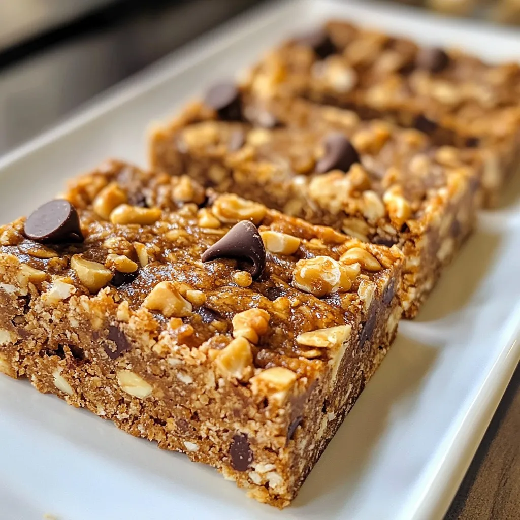 To make these tasty peanut butter chocolate chip energy bars, you need the following ingredients: - 1 cup rolled oats - 1/2 cup natural peanut butter - 1/3 cup honey or maple syrup - 1/4 cup dark chocolate chips - 1/4 cup chopped nuts (like almonds or walnuts) - 1/4 cup ground flaxseed (optional) - 1 teaspoon vanilla extract - A pinch of salt These ingredients work together to create a chewy and sweet snack. You can add a few ingredients for more nutrition: - Chia seeds: Great for fiber and omega-3s. - Dried fruits: Try cranberries or raisins for some sweetness. - Protein powder: Boosts protein content and keeps you full longer. Adding these can enhance the taste and health benefits of your bars. If you run out of something, here are some easy swaps: - Peanut butter: Use almond or cashew butter for a different flavor. - Honey or maple syrup: Agave syrup works well as a sweetener too. - Dark chocolate chips: You can use milk chocolate or white chocolate for a sweeter taste. - Chopped nuts: Sunflower seeds or pumpkin seeds can replace nuts for a nut-free option. These substitutes keep the recipe flexible and delicious. {{ingredient_image_1}} First, gather your ingredients. You will need rolled oats, natural peanut butter, honey or maple syrup, dark chocolate chips, chopped nuts, ground flaxseed, vanilla extract, and a pinch of salt. Make sure to have a bowl and a pan ready. 1. Preheat your oven to 350°F (175°C). Line an 8x8-inch baking pan with parchment paper. Leave some paper hanging over the sides. This helps with easy removal later. 2. In a large bowl, mix rolled oats, ground flaxseed, chopped nuts, and salt. Stir it all together until combined. 3. In a microwave-safe bowl, heat peanut butter and honey (or maple syrup) for about 30 seconds. It should be warm and a bit runny. Stir in the vanilla extract until it mixes well. 4. Pour the peanut butter mixture over the oat mixture. Mix until every dry ingredient is coated. 5. Fold in dark chocolate chips. Make sure they are spread out evenly in the mix. 6. Pour the mixture into the lined baking pan. Press it down firmly with a spatula or your hands. Make sure the surface is even. 7. Bake in the oven for 15-20 minutes. You want it set and slightly golden around the edges. 1. Remove the pan from the oven. Let it cool for at least 10 minutes in the pan. 2. Use the parchment paper to lift the bars out of the pan. 3. Once they are cool, cut into bars of your choice. 4. Store the bars in an airtight container in the fridge for up to a week. You can also freeze them for longer storage. To get the best texture, use rolled oats. They give a chewy bite. If you want a softer bar, add a bit more honey or peanut butter. This makes the bars stick together better. You can also swap dark chocolate chips for milk chocolate if you prefer a sweeter taste. I like to add chopped nuts for crunch. Almonds or walnuts work great. For an extra boost, try adding ground flaxseed. It adds nutrition without changing the taste much. Keep your energy bars fresh by storing them properly. Use an airtight container to keep them in the fridge. They stay good for about a week. If you want to keep them longer, freeze them. Wrap each bar in parchment paper and then in foil. This way, they won’t stick together. When you want to eat one, let it thaw for a few minutes at room temperature. These bars are great for any time of day. Enjoy one for breakfast or as a snack. You can also pack them for lunch or take them on a hike. They are easy to carry and give you a quick energy boost. If you want to make them more fun, try drizzling melted chocolate on top. You can even sprinkle some sea salt for a sweet and salty mix. Pro Tips Use Creamy Peanut Butter: Creamy peanut butter ensures a smooth texture and helps bind the bars effectively, making them easier to slice. Customize Your Mix-ins: Feel free to swap out the nuts or chocolate chips for your favorite ingredients, such as dried fruits or seeds, to create your unique flavor profile. Press Firmly: When spreading the mixture in the pan, press it down firmly to create a dense bar that holds together well once baked. Storage Tips: For longer shelf life, wrap the bars individually in plastic wrap or parchment paper before storing them in an airtight container. {{image_2}} You can swap peanut butter for other nut butters. Almond butter and cashew butter work well. They bring a unique taste to your bars. Each nut butter adds its flavor and nutrients. If you have allergies, try sunflower seed butter. It’s a great nut-free option. This way, everyone can enjoy these tasty bars. Feel free to get creative with add-ins. Dried fruits like raisins, cranberries, or apricots add sweetness. Seeds like chia or pumpkin seeds boost nutrition. They give a nice crunch too. You can also mix in coconut flakes for a tropical twist. These additions make your energy bars even more fun and flavorful. This recipe is easy to customize for dietary needs. To make it vegan, use maple syrup instead of honey. Check your nut butter to ensure it’s vegan too. For gluten-free, use certified gluten-free oats. You can enjoy these bars without worries. They fit many diets while still being delicious and satisfying. Each bar has around 150 calories. This comes from healthy fats, carbs, and protein. Here's how it breaks down: - Rolled Oats: Provides energy and fiber. - Peanut Butter: Gives protein and healthy fats. - Honey or Maple Syrup: Adds sweetness and simple carbs. - Dark Chocolate Chips: Offers a touch of sweetness and antioxidants. - Nuts: Adds extra protein and healthy fats. These bars are packed with nutrients. Here’s what each main ingredient does: - Rolled Oats: Rich in fiber, they help keep you full longer. - Peanut Butter: Great for heart health. It has protein and healthy fats. - Honey/Maple Syrup: Natural sweeteners give quick energy. - Dark Chocolate: Contains antioxidants, which are good for your heart. - Nuts: They provide protein and healthy fats, promoting brain health. - Flaxseed: A good source of omega-3 fatty acids, which are great for your skin. Homemade energy bars beat store-bought options. Here’s why: - Fewer Additives: You control what goes in. No hidden ingredients! - Cost-Effective: Making them at home saves money. - Taste: Fresh bars taste better than packaged ones. - Customizable: You can adjust flavors and ingredients to fit your needs. Making these bars is easy. Plus, you get to enjoy a tasty snack that’s good for you! Homemade energy bars stay fresh for about a week. Store them in an airtight container in the fridge. This keeps them cool and tasty. If you want to keep them longer, you can freeze them. They will last for about three months in the freezer. Yes, you can freeze these energy bars. After cutting them, wrap each bar in plastic wrap. Then, place them in a freezer-safe bag. When you want one, just take it out and let it thaw for a few minutes. This way, you can enjoy them anytime! To boost protein in your energy bars, try adding these options: - 1/4 cup of protein powder - 1/2 cup of Greek yogurt - 1/4 cup of chia seeds - 1/4 cup of sunflower seeds These ingredients blend well with the flavors and make your bars even tastier! Creating your own energy bars is simple and fun. We covered the key ingredients, added nutrition options, and substitutes. I walked you through the baking steps and shared tips for perfect texture and flavor. We also explored many variations to fit your taste and dietary needs. Remember, homemade energy bars offer great nutrition and save you money compared to store-bought. Enjoy making these bars your own, and share them with friends and family!