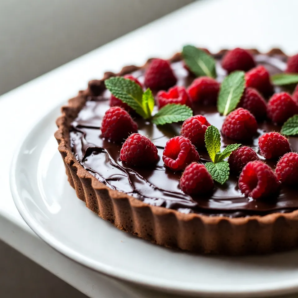 To make the Raspberry Chocolate Ganache Tart, gather these ingredients: - 1 ½ cups all-purpose flour - ½ cup unsweetened cocoa powder - ½ cup powdered sugar - ½ cup unsalted butter, softened - 1 large egg - ½ teaspoon vanilla extract - 8 ounces dark chocolate, finely chopped - 1 cup heavy cream - 1 cup fresh raspberries - 2 tablespoons granulated sugar - Fresh mint leaves, for garnish You can switch some ingredients if needed: - Substitute gluten-free flour for all-purpose flour to make it gluten-free. - Use coconut butter instead of unsalted butter for a dairy-free version. - Try milk chocolate if you prefer a sweeter taste. - Replace fresh raspberries with frozen ones, but thaw them first. - Use almond extract instead of vanilla for a different flavor. Choosing the right raspberries is key for this tart. Here’s what to look for: - Pick berries that are bright red, plump, and firm. - Avoid berries with mold or bruises. - Smell the raspberries; they should have a sweet, fruity scent. - Check for moisture in the container; dry berries last longer. - If possible, buy them from local farmers’ markets for the best flavor. Selecting fresh raspberries enhances the taste of your dessert. Happy baking! {{ingredient_image_1}} To make the tart crust, start by mixing the dry ingredients. In a bowl, combine 1 ½ cups of all-purpose flour, ½ cup of unsweetened cocoa powder, and ½ cup of powdered sugar. This mix gives the crust a rich chocolate flavor. Next, add ½ cup of softened unsalted butter. Use your fingers or a pastry cutter to mix until it looks crumbly. Then, add 1 large egg and ½ teaspoon of vanilla extract. Blend until a smooth dough forms. Take a 9-inch tart pan and press the dough evenly across the bottom and sides. Prick the bottom with a fork. This step stops the crust from bubbling when baked. Preheat your oven to 350°F (175°C). Bake the crust for 15 minutes. After baking, let it cool completely before adding the ganache. Now, let’s prepare the ganache. In a saucepan, heat 1 cup of heavy cream over medium heat. Bring it to a gentle simmer, but don’t let it boil. Once it simmers, remove it from the heat. Pour the hot cream over 8 ounces of finely chopped dark chocolate in a heatproof bowl. Let it sit for 2-3 minutes. This waiting time helps the chocolate melt smoothly. After that, stir until the mixture is completely smooth and glossy. With the ganache ready, pour it into the cooled tart shell. Spread it evenly across the crust. Now, we need to chill the tart. Place it in the refrigerator for at least 2 hours. This time allows the ganache to set and become firm. While the tart chills, prepare the raspberries. In a bowl, gently toss 1 cup of fresh raspberries with 2 tablespoons of granulated sugar. Let them sit for about 20 minutes. This step makes them juicy and sweet. After chilling, top the tart with the macerated raspberries and garnish with fresh mint leaves. Slice and enjoy your delicious creation! To make a great tart crust, use cold butter. Cold butter makes the crust flaky. Mix the flour, cocoa powder, and powdered sugar well. Then, blend in the butter until it looks like crumbs. When you add the egg, mix just until combined. Avoid overmixing to keep it tender. Press the dough into the tart pan firmly. Prick the bottom with a fork to stop bubbles. Bake until firm and let it cool fully before adding the ganache. A cool crust holds the ganache better. One common mistake is not cooling the crust. If you pour ganache into a warm crust, it may melt. Another mistake is using too much flour. This can make the crust dry and tough. Be careful when mixing the dough. Overmixing can lead to a hard crust. Make sure to measure your ingredients accurately. Too much cocoa powder can make it bitter. Lastly, don't skip the maceration step for raspberries. It adds sweetness and enhances their flavor. For a beautiful presentation, top the tart with fresh raspberries. Their vibrant color adds an appealing touch. You can sprinkle some powdered sugar on top for extra sweetness. Add fresh mint leaves for a pop of green. Serve each slice with a dollop of whipped cream. For added flair, drizzle chocolate sauce over the plate. You can also pair it with vanilla ice cream for a delicious contrast. Consider serving it on a colorful plate to make it stand out. Pro Tips Chill the Ganache: Allow the ganache to cool slightly before pouring it into the tart shell to prevent the crust from becoming soggy. Fresh Raspberries: Choose ripe, firm raspberries for the best flavor and texture. Avoid mushy or overly soft berries. Perfect Tart Crust: Make sure to press the dough firmly into the tart pan for an even crust and prevent shrinkage during baking. Serving Tip: For clean slices, use a sharp knife dipped in hot water and wiped dry between cuts. {{image_2}} You can play with flavors in your Raspberry Chocolate Ganache Tart. Here are a few ideas: - Mint: Add fresh mint to the ganache for a cool twist. - Orange: Mix in some orange zest for a bright, citrusy note. - Coffee: Blend in a tablespoon of instant coffee for a rich depth. - Almond: Use almond extract instead of vanilla for a nutty flavor. These combinations can change the whole feel of the dessert. Experiment to find your favorite. You can easily adjust this tart for different diets. Here are some tips: - Gluten-Free: Use gluten-free flour instead of all-purpose flour. - Vegan: Substitute the butter with coconut oil and use a plant-based cream. - Dairy-Free: Choose a dairy-free chocolate and a non-dairy cream. These swaps make this tart accessible for everyone to enjoy. Toppings can elevate your tart's look and taste. Consider these additions: - Nuts: Sprinkle chopped nuts, like hazelnuts or almonds, on top for crunch. - Caramel: Drizzle some salted caramel sauce for extra sweetness. - Coconut: Add toasted coconut flakes for a tropical flair. - Edible Flowers: Use edible flowers for a beautiful, colorful touch. These toppings can add texture and visual appeal to your dessert. Enjoy mixing and matching! To keep the Raspberry Chocolate Ganache Tart fresh, store it in the fridge. Wrap it tightly in plastic wrap. This helps keep the tart moist and prevents it from absorbing fridge odors. If you have leftovers, make sure to serve it cold for the best taste. You can freeze the tart if you want to save some for later. First, let the tart cool completely. Then, slice it into individual pieces. Wrap each slice in plastic wrap and place them in a freezer-safe bag. Make sure to remove as much air as possible before sealing. When you want a slice, thaw it in the fridge overnight. The tart stays fresh in the fridge for up to five days. If you freeze it, the tart can last for about three months. When you’re ready to enjoy a slice, do not heat it in the microwave. Instead, let it sit at room temperature for about 30 minutes. This keeps the ganache smooth and creamy. To make ganache smooth, use high-quality dark chocolate. Chop the chocolate finely. When you heat the cream, bring it to a gentle simmer. Pour the hot cream over the chocolate and let it sit for a few minutes. This helps the chocolate melt evenly. Stir gently but thoroughly until the mixture is shiny and smooth. If necessary, you can strain it to remove lumps. Yes, you can use milk chocolate. Milk chocolate will give your tart a sweeter taste. However, the ganache will be less rich. If you want to keep some depth of flavor, consider mixing half dark chocolate with half milk chocolate. This way, you still get some of that dark chocolate taste. You can use frozen raspberries if fresh ones are not available. Just thaw them before using. Other berries like strawberries or blueberries also work well. If you want a different flavor, try sliced bananas or cherries. Just make sure to adjust the sugar if the fruit is very sweet or tart. In this post, we explored how to make a delicious tart. We covered ingredients, step-by-step instructions, and helpful tips. You learned to select fresh raspberries and achieve the perfect crust. We discussed fun variations and how to store your tart properly. Remember, the right tips can make a big difference. Enjoy your baking adventure with confidence and creativity!