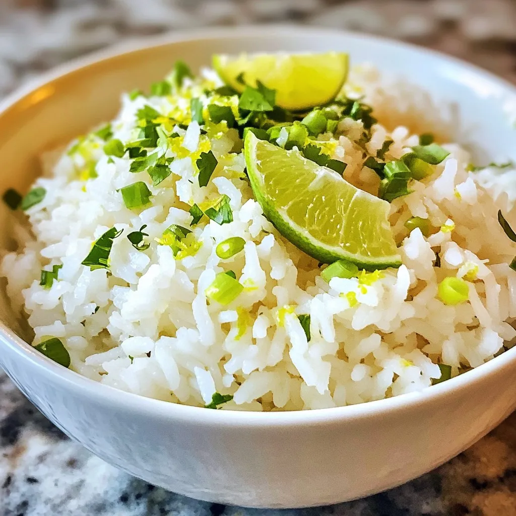 To make coconut lime rice, you'll need some simple, fresh ingredients. Here’s what you need: - 1 cup jasmine rice - 1 cup coconut milk - 1/2 cup water - Zest of 1 lime - Juice of 1 lime - 1 tablespoon sugar (optional) - 1/2 teaspoon salt - Fresh cilantro or green onions for garnish Each of these ingredients plays a big role. The jasmine rice gives a lovely texture and aroma. Coconut milk adds rich creaminess, while lime brings a bright, zesty flavor. You can choose to add sugar for sweetness, but it’s up to your taste. The salt helps balance all the flavors. Fresh cilantro or green onions make a great finishing touch for color and freshness. Gather these items, and you're ready to create a delightful side dish! {{ingredient_image_1}} - First, rinse the jasmine rice under cold water until the water runs clear. This step removes the extra starch. - Next, combine the rinsed rice in a medium saucepan with coconut milk, water, lime zest, lime juice, sugar (if you want it), and salt. - Now, bring the mixture to a gentle boil over medium heat. - Once it starts boiling, reduce the heat to low. Cover it and let it simmer for about 15-20 minutes. You want the rice to absorb all the liquid and become tender. - After cooking, remove the saucepan from the heat. Let it sit, still covered, for an additional 5 minutes. This helps the rice steam and fluff up. - Finally, fluff the rice gently with a fork. Taste it and adjust the sweetness or salt if needed. For coconut lime rice, I always use jasmine rice. This rice has a sweet flavor and a soft texture. It cooks well and absorbs the coconut milk nicely. If you want to try something new, you can use basmati or brown rice. Basmati adds a nutty taste, while brown rice gives more fiber. You can adjust the sweetness and salt levels to your taste. If you like it sweeter, add more sugar. If you prefer it saltier, add a pinch more salt. You can also add spices or herbs. A bit of garlic or ginger can add warmth. Fresh herbs like cilantro or mint bring brightness to your rice. Coconut lime rice pairs well with many main dishes. It goes great with grilled chicken, fish, or shrimp. You can also serve it with veggie curries or stir-fries. For garnishes, I like to use fresh cilantro or green onions. Toasted coconut flakes add a nice crunch, too. Pro Tips Rinse the Rice: Always rinse jasmine rice under cold water until the water runs clear to remove excess starch, which helps prevent the rice from becoming gummy. Adjusting Sweetness: The sugar in the recipe is optional; taste the rice after cooking and adjust sweetness according to your preference. Steaming for Fluffiness: Letting the rice sit covered after cooking allows it to steam, making it fluffier and enhancing the texture. Garnish for Freshness: Garnishing with fresh cilantro or green onions not only adds color but also enhances the flavor profile of the dish. {{image_2}} You can make tropical coconut lime rice by adding fresh fruit. Pineapple or mango adds sweetness and zest. Chop them into small pieces and stir them in before serving. You can also use different citrus fruits. Try orange or lemon for a new twist. For a kick, add chili or jalapeños to your rice. This gives it a nice heat. Start with a small amount and taste as you go. Balance the heat with sweetness by adding a bit more sugar. This contrast makes the dish exciting and fun. To keep it vegetarian or vegan, skip any animal products. Use coconut milk and water, which are both plant-based. Coconut lime rice pairs well with plant-based dishes. Try it with grilled vegetables or tofu for a complete meal. To keep your coconut lime rice fresh, use airtight containers. Glass or plastic containers work well. Let the rice cool to room temperature before sealing. Store it in the fridge for up to four days. Label your container with the date to track freshness. The best way to reheat coconut lime rice is on the stove. Add a splash of water or coconut milk in a non-stick pan. Heat over low to medium heat, stirring often. This helps keep the rice moist and tasty. You can also microwave it. Use a covered dish and add a little water. Heat in short bursts, checking often. To freeze coconut lime rice, let it cool completely first. Place it in a freezer-safe bag or container. Flatten the bag to save space. You can freeze it for up to three months. When you're ready to eat, thaw it overnight in the fridge. Reheat it on the stove or microwave as mentioned before for the best results. You can pair Coconut Lime Rice with many dishes. Here are some tasty options: - Grilled chicken or shrimp for a light meal. - Spicy curries to balance the flavors. - Stir-fried vegetables for a healthy side. - Fish tacos for a fun twist. - Black beans for extra protein and taste. These options complement the sweet and zesty notes of the rice. Yes, you can use other rice types. Jasmine rice is special for its aroma and texture. Other options like basmati or long-grain rice can work, but they may change the flavor slightly. Jasmine rice cooks fluffy and absorbs flavors well. If you use brown rice, remember it takes longer to cook. Adjust the liquid and cooking time as needed for the best results. To make Coconut Lime Rice creamier, try these tips: - Use more coconut milk and less water. - Stir in a spoonful of butter or cream after cooking. - Add a splash of coconut cream for richness. - Mix in some shredded coconut for texture. These tips will give you a deliciously creamy texture. Enjoy your cooking! Coconut lime rice is simple to make and so tasty. You need just a few main ingredients. Follow the steps to cook jasmine rice perfectly. I shared tips on enhancing flavors and serving ideas. You can even try fun variations for a twist. This dish works well for any meal. Enjoy experimenting with your own touches to make it your own.