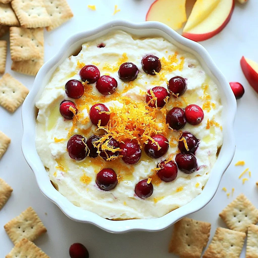 - 8 oz cream cheese, softened - 1/2 cup sour cream - 1/4 cup powdered sugar To make the base of the dip, cream cheese is key. Use softened cream cheese for the best texture. It gives the dip a smooth and rich feel. The sour cream adds a nice tang. It balances the sweetness from the powdered sugar. This sweet touch helps round out the flavors. - 1 teaspoon vanilla extract - Zest of 1 orange - 1/2 cup fresh or frozen cranberries, chopped To boost the flavor, we need a few extras. The vanilla extract brings warmth and depth to the dip. Orange zest gives it a bright, citrusy kick. The chopped cranberries add a pop of color and tartness. These flavors mix well to create a fun twist on cheesecake. - Graham crackers - Apple slices - Pretzels For dipping, you have great choices! Graham crackers are sweet and crunchy, perfect for this creamy dip. Apple slices add a fresh and crisp texture. They pair nicely with the rich flavors. Pretzels offer a salty contrast, making every bite exciting. Try all three for a fun tasting experience! {{ingredient_image_1}} To start, gather your mixing bowl. Add 8 ounces of softened cream cheese. Then, mix in 1/2 cup of sour cream. Next, add 1/4 cup of powdered sugar. Don't forget the teaspoon of vanilla extract. Use an electric mixer on medium speed for about 2-3 minutes. You want a smooth and creamy texture. Now it's time to add some bright flavor! Grate the zest from one orange into the bowl. Then, squeeze in 1/4 cup of fresh orange juice. Mix everything again until the flavors blend well. This step makes the dip taste fresh and exciting. Next, fold in 1/2 cup of chopped cranberries. Sprinkle in 1/4 teaspoon of cinnamon for warmth. Use a spatula to gently combine everything. This helps keep the chunks of cranberries intact. Once mixed, transfer the dip to a serving bowl. Cover it and refrigerate for at least 30 minutes. This chilling time lets the flavors meld together. Before you serve, stir the dip again. If you want it sweeter, add more powdered sugar. To get the right consistency, mix the cream cheese until it's smooth. You want it creamy but not runny. If it’s too thick, add a bit more orange juice. This will help make it easier to dip. If the dip is too thin, mix in more cream cheese or sour cream. Adjusting sweetness is simple. If you find the dip is not sweet enough, just add more powdered sugar. Taste it after each addition to get it just right. Everyone has their own sweet spot! Serve the dip in a fun bowl. This adds color and charm to your table. Use a mix of dippers like graham crackers, apple slices, or pretzels. Lay them around the bowl for a great look. For a visual touch, sprinkle extra orange zest or a few chopped cranberries on top. This not only looks nice but also hints at the flavors in the dip. You can prepare this dip in advance. Make it up to a day before your event. Just cover it well and chill it in the fridge. This helps the flavors blend and taste even better. When you're ready to serve, take it out and stir it. If it seems thick, add a splash of orange juice. This will bring it back to that perfect creamy texture. Pro Tips Use Room Temperature Ingredients: Allow your cream cheese and sour cream to come to room temperature before mixing to ensure a smooth and creamy dip without lumps. Adjust Sweetness to Taste: After chilling, taste the dip and adjust the sweetness by adding more powdered sugar if necessary, ensuring it suits your preference. Chill for Better Flavor: Refrigerating the dip for at least 30 minutes allows the flavors to meld beautifully, enhancing the overall taste. Experiment with Dippers: While graham crackers are classic, try serving with a variety of dippers like pretzels or fresh fruit to add different textures and flavors. {{image_2}} You can easily change the taste of your dip with spices. Adding nutmeg or ginger gives a warm twist. Just a pinch can make a big difference. Another fun idea is to use flavored cream cheese. You can find options like vanilla or even orange. This change adds new layers of flavor to your dip. Cranberries are great, but other fruits work too. You can swap cranberries for blueberries, raspberries, or strawberries. Each fruit brings its own taste and color. You can also try different citrus fruits. Lemons or limes can bring a zesty kick that pairs well with the creaminess. Think beyond just graham crackers and apple slices. You can try pretzels for a salty crunch. Sliced bananas or even cookies can be fun options. To mix it up, serve with sweet and savory dippers. Cheese crackers or even veggies like celery add a nice contrast to the dip. To keep your cranberry orange cheesecake dip fresh, use an airtight container. Glass containers work well. They help keep the flavors intact. You can also use plastic containers, but ensure they seal tightly. Store the dip in the fridge right after serving. It will stay fresh for up to 3 days. Can you freeze the dip? Yes, you can freeze it! Just place the dip in a freezer-safe container. Leave some space at the top for expansion. This dip can last for up to 2 months in the freezer. When you want to eat it, thaw it in the fridge overnight. After thawing, give it a good stir. It may need some fresh orange juice or sugar to regain its creaminess. Enjoy your dip! Cranberry orange cheesecake dip can sit out for about two hours. After that, bacteria can grow. If it’s a warm day, keep it shorter. Try to serve it fresh. If you have leftovers, store them in the fridge right away. Yes, you can use low-fat cream cheese. It will make the dip lighter. However, the dip may not be as rich and creamy. Keep in mind that the texture may change slightly, but the flavors will still shine. You have many fun options for dippers! Here are some ideas: - Graham crackers - Apple slices - Pretzels Each of these adds a unique taste. You can also try: - Vanilla wafers for a sweet crunch. - Fruit skewers for a colorful touch. - Pita chips for a savory twist. For special occasions, use festive plates and fun dippers. This makes the dip look even more appealing. Consider adding a side of whipped cream for extra sweetness. You can also garnish with fresh cranberries or extra orange zest. This adds a nice touch! This blog post shared a simple recipe for cranberry orange cheesecake dip. You learned about essential ingredients like cream cheese and sour cream, plus flavor enhancers such as vanilla and orange zest. We covered step-by-step instructions and tips for perfecting the dip's consistency. You also discovered fun presentation ideas and storage options, along with variations for personal taste. In closing, this dip makes a great snack or dessert. Experiment with flavors and dippers, and have fun sharing it!