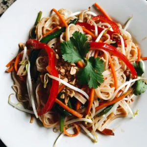 - 8 oz rice noodles - 1 red bell pepper, sliced - 1 cup carrots, julienned - 1 cup bean sprouts - 3 green onions, chopped - 2 cloves garlic, minced - 1 tablespoon ginger, grated - 1/4 cup soy sauce - 2 tablespoons brown sugar - 1 tablespoon chili paste (adjust to taste) - 1 tablespoon lime juice - 2 tablespoons vegetable oil To create a great dish, you need these main ingredients. The rice noodles give a nice base. The red bell pepper adds sweetness and color. Carrots bring crunch and nutrition. Bean sprouts add a fresh bite, while green onions give a mild onion flavor. Garlic and ginger enhance the taste with a warm kick. Finally, the sauce combines soy sauce, brown sugar, chili paste, and lime juice for a sweet and spicy mix. - Fresh cilantro - Crushed peanuts Adding garnishes makes your dish pop. Fresh cilantro gives a bright taste. Crushed peanuts add crunch and richness. These simple touches elevate your meal and make it more appealing. {{ingredient_image_1}} First, fill a large pot with water. Bring it to a boil over high heat. Once boiling, add 8 ounces of rice noodles. Cook according to the package's instructions until they are al dente. This usually takes around 4 to 6 minutes. After cooking, drain the noodles in a colander and set them aside. Now, take a large skillet or wok. Heat 2 tablespoons of vegetable oil over medium-high heat. Once the oil is hot, add the sliced red bell pepper and the julienned carrots. Also, add 2 cloves of minced garlic. Stir-fry these for about 3 to 4 minutes. You want them to soften but not lose their crunch. Next, toss in 1 cup of bean sprouts and 3 chopped green onions. Cook for another 2 minutes until they are tender yet crisp. In a small bowl, mix together 1/4 cup of soy sauce, 2 tablespoons of brown sugar, 1 tablespoon of chili paste, and 1 tablespoon of lime juice. Stir until the sugar dissolves. Add the drained noodles to the skillet and pour the sauce over them. Gently toss everything together, ensuring that all the noodles and veggies are coated in the sauce. Cook for an additional 2 minutes until everything is heated through. Finally, transfer your noodles to serving plates. For a lovely finish, garnish with fresh cilantro and crushed peanuts. Enjoy your sweet and spicy Thai noodles! To make your sweet and spicy Thai noodles shine, you can adjust the spice levels using chili paste. Start with one tablespoon, then taste. If you want more heat, add a bit more. This gives you control over the spice. Balancing sweetness is key, too. Brown sugar adds depth. If your dish is too spicy, a little extra brown sugar can help. It smooths out the flavors and makes it more enjoyable. Stir-frying is all about high heat and quick cooking. Heat your oil until it shimmers. Add your veggies in stages. This keeps them crisp and full of flavor. Don't overcrowd the pan; this helps them cook evenly. For perfect noodles, cook them al dente. Follow package instructions carefully. Overcooked noodles become mushy, losing that nice bite. Drain them well before adding to the stir-fry. Garnishing adds a nice touch to your dish. Fresh cilantro gives a pop of color and flavor. Crushed peanuts add crunch and richness. Sprinkle them on right before serving for the best effect. For serving ideas, pair your noodles with a simple side salad or spring rolls. This adds variety to your meal and makes it feel special. Enjoy your beautiful, tasty dish! Pro Tips Use Fresh Ingredients: For the best flavor, opt for fresh vegetables and herbs. They will add vibrant color and taste to your dish. Adjust Spice Level: Feel free to modify the amount of chili paste based on your spice tolerance. Start with less and add more if needed. Cook Noodles Al Dente: Make sure to cook the rice noodles until al dente to prevent them from becoming mushy when mixed with the sauce. Garnish for Flavor: Don't skip the fresh cilantro and crushed peanuts—they add essential texture and enhance the overall flavor of the dish. {{image_2}} You can add protein to your sweet and spicy Thai noodles for more flavor and nutrition. - Adding tofu or chicken: For a nice vegetarian option, use firm tofu. Cut it into cubes and stir-fry it until golden. If you prefer meat, chicken is a great choice. Slice it thin and cook it in the skillet with the veggies. Both options add texture and heartiness to your dish. - Customizing with shrimp: Shrimp cooks quickly and adds a great taste. Just toss them in for the last few minutes while stir-frying. They soak up the sauce well and make each bite delicious. You can easily make this dish vegetarian or vegan with simple swaps. - Substituting soy sauce for tamari: Tamari is a great choice for gluten-free soy sauce. It keeps the same rich flavor but is safe for those avoiding gluten. This swap makes your meal friendly for more diets. - Ensuring no animal-based ingredients: Check all your ingredients. Use plant-based oils and ensure no animal-based sauces are used. This way, you keep your dish both tasty and vegan. If you're gluten-sensitive, you can still enjoy these noodles without worry. - Using rice noodles or gluten-free pasta: Rice noodles are naturally gluten-free. They work perfectly in this recipe. If you want a twist, look for gluten-free pasta made from lentils or chickpeas. - Alternative sauces and marinades: Look for gluten-free soy sauce or make your own simple sauce with coconut aminos. This keeps the flavor bright and tasty while being gluten-free. To keep your sweet and spicy Thai noodles fresh, store them in the right containers. Use airtight containers to seal in flavors and moisture. Glass or plastic can work well. Make sure the noodles cool down before sealing. This helps prevent condensation. Refrigerate your leftovers right away. They can stay fresh for about three days. Make sure to label the containers with the date. This way, you won't forget how long they've been there. Reheating your noodles can be simple and quick. The best way is to use a skillet. Add a splash of water or broth to the skillet. This keeps the noodles moist. Heat over medium heat, stirring often. If you prefer the microwave, use a microwave-safe bowl. Add a little water to the noodles. Cover it with a damp paper towel. Heat in short bursts, checking often. This method helps keep the texture nice and chewy. Sweet and spicy Thai noodles last about 3 to 5 days in the fridge. To keep them fresh, place them in an airtight container. This helps to lock in moisture and flavor. Always let them cool before storing. If they seem dry when reheating, add a splash of water or extra sauce. This keeps them tasty and enjoyable. Yes, you can make sweet and spicy Thai noodles ahead of time. This dish works well for meal prep. Cook the noodles and veggies, then store them separately from the sauce. Just mix them together when you are ready to eat. This way, the noodles and veggies stay fresh. You can reheat them easily in a pan or microwave. You can serve sweet and spicy Thai noodles with several sides. Here are a few ideas: - Spring rolls - Thai salad - Grilled chicken skewers - Coconut rice For drinks, try iced tea or a light beer. These pair well and enhance the flavors of your noodles. Enjoy your meal! Sweet and spicy Thai noodles offer bold flavors and simple cooking steps. You start with rice noodles and fresh veggies, then mix in a tasty sauce. Customizing with proteins or garnishes adds a personal touch. When storing leftovers, use proper containers for the best taste later. Remember, you can make these ahead for busy days. Enjoy making this dish and explore its many variations. Your dinner can be both quick and delicious. Happy cooking!