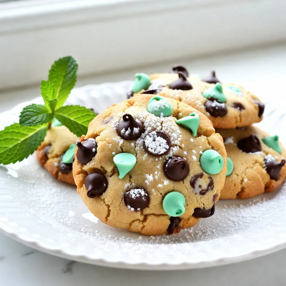 - 1 cup unsalted butter, softened - 1 cup brown sugar, packed - 1/2 cup granulated sugar - 2 large eggs - 2 teaspoons pure peppermint extract - 2 1/4 cups all-purpose flour - 1 teaspoon baking soda - 1/2 teaspoon salt - 1 cup semi-sweet chocolate chips - 1/2 cup green mint chocolate chips (or chopped Andes mints) - 1/4 cup crushed mint candies (optional, for topping) For this mint chocolate chip cookie recipe, each ingredient plays a key role. The unsalted butter gives a rich base. Brown sugar and granulated sugar add sweetness and moisture. Eggs help bind everything together. Peppermint extract gives these cookies their minty kick. Flour provides structure, while baking soda ensures they rise. Salt balances the sweetness and enhances flavor. I love using semi-sweet chocolate chips and green mint chocolate chips for that extra minty touch. If you want more crunch and fun, add crushed mint candies on top. They add a nice texture and look great! Gather these ingredients, and you will be ready for cookie magic. {{ingredient_image_1}} - Preheat your oven to 350°F (175°C). Line a baking sheet with parchment paper. - In a large bowl, cream together the softened butter, brown sugar, and granulated sugar. Mix until fluffy, about 3-4 minutes. - Add the eggs one at a time, mixing well after each. Stir in the peppermint extract. - In another bowl, whisk together the flour, baking soda, and salt. - Gradually add this dry mixture into the wet ingredients. Mix just until combined. - Fold in the semi-sweet chocolate chips and green mint chocolate chips. Ensure they are evenly mixed. - If you want extra minty flavor, add crushed mint candies now. - Drop spoonfuls of cookie dough onto the prepared baking sheet. Space them about 2 inches apart. - Bake in your preheated oven for 10-12 minutes. The edges will be golden, and the centers may look slightly underbaked. They will firm up as they cool. - Allow the cookies to cool on the baking sheet for 5 minutes. Then transfer them to a wire rack to cool completely. - To get the right cookie texture, use softened butter. - Mix your butter and sugars until fluffy. This adds air. - For chewy cookies, don't overbake them. Keep an eye on the time. - If you like them soft, take them out when the edges are golden. - You can use coconut sugar instead of brown sugar. - If you need an egg substitute, try 1/4 cup applesauce per egg. - For a gluten-free option, use almond flour or a gluten-free blend. - Serve your cookies on a bright plate for a fun look. - Lightly dust them with powdered sugar for a touch of elegance. - Add a sprig of fresh mint next to the cookies for color. - Pair them with a tall glass of cold milk for a classic treat. Pro Tips Chill the Dough: For a thicker cookie, chill the dough for at least 30 minutes before baking. This helps prevent spreading and results in a chewier texture. Use Quality Chocolate: Opt for high-quality chocolate chips for a richer flavor. Dark chocolate or mint-infused varieties can enhance the overall taste. Experiment with Add-ins: Feel free to add nuts or dried fruit to the dough for extra texture and flavor. Just be sure to adjust the amount of chocolate chips accordingly. Storage Know-How: Store cookies in an airtight container at room temperature for up to a week. For longer freshness, freeze them in a single layer and transfer to a freezer bag. {{image_2}} You can make mint chocolate chip cookies even better by adding some new flavors. One simple way is to mix in vanilla extract. Just a teaspoon can add a warm, sweet note. You can also try using almond extract for a unique twist. Want some crunch? Add nuts! Chopped walnuts or pecans work great. They add texture and a nice flavor that pairs well with chocolate. Just fold in half a cup when mixing in the chocolate chips. You can change your cookies to fit the season. For holidays, use festive shapes or colors. Try adding red or green sprinkles for Christmas. You can also use different color mint candies. They can bring a fun look for parties or gifts. In spring, think about pastel colors. Use light green or pink candies to match the season. These small changes make your mint chocolate chip cookies special for any occasion. To keep your Mint Chocolate Chip Cookies fresh, store them in an airtight container. This helps keep moisture in and prevents them from getting hard. You can also use a cookie jar with a tight lid for short-term storage. Place a piece of bread in the jar to help keep them soft longer. For long-term storage, consider freezing your cookies. To freeze, let the cookies cool completely. Then, layer them in a freezer-safe bag or container. Make sure to separate layers with parchment paper. They can stay good for up to three months in the freezer. When you're ready to enjoy them, just take out the number you want and let them thaw at room temperature. When stored at room temperature, your cookies will stay fresh for about one week. If you want them to last longer, freezing is the way to go. Look for signs of spoilage. If your cookies become hard or stale, it's time to toss them out. If you notice any mold or strange smells, discard them right away. Enjoy your cookies while they are fresh for the best taste! Can I use dark chocolate chips instead? Yes, you can use dark chocolate chips. They add a rich flavor. Dark chocolate pairs well with mint. You might enjoy the contrast. How do I know when the cookies are done baking? Look for lightly golden edges. The centers may seem soft. They will firm up as they cool. If the edges are brown, they are done. What if I don't have peppermint extract? If you lack peppermint extract, use mint extract instead. The taste will change slightly but remain minty. You could also use crushed mint candies for flavor. Why are my cookies flat? Flat cookies often come from too much butter or sugar. Make sure your measurements are correct. Also, check that your baking soda is fresh. How to fix over-mixed dough? If the dough is over-mixed, it may become tough. Try chilling it for 30 minutes. This can help the dough firm up nicely before baking. Best beverages to pair with mint chocolate chip cookies Mint chocolate chip cookies go well with cold milk. You can also enjoy them with hot cocoa. For adults, try a minty cocktail. Ideas for cookie platters and gifts Arrange cookies on a colorful platter. Add fruits or nuts for color. For gifts, pack them in a decorative box. They make great treats for friends and family. You learned how to make mint chocolate chip cookies from scratch. We covered each step, from gathering the right ingredients to mixing the dough. I shared tips for baking success and ways to store your cookies. Remember, you can change flavors or add spices as you wish. These cookies fit any occasion and are always a hit. Enjoy baking and sharing these tasty treats with friends and family!