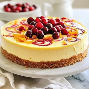 To make this cranberry orange cheesecake, you will need: - 1 ½ cups graham cracker crumbs - ½ cup unsalted butter, melted - 1 cup sugar, divided - 4 (8 oz) packages cream cheese, softened - 1 teaspoon vanilla extract - 4 large eggs - 1 cup fresh cranberries, roughly chopped - Zest of 1 large orange - 1 tablespoon fresh orange juice - 1 tablespoon cornstarch - Pinch of salt These ingredients create a rich and creamy cheesecake with a bright, fruity flavor. You can add extra flavor with these optional ingredients: - Whipped cream for serving - Whole cranberries for garnish - Orange slices for decoration These add-ons make your cheesecake even more festive and beautiful. If you need to swap some ingredients, here are some ideas: - Use gluten-free graham cracker crumbs for a gluten-free crust. - Swap regular sugar for coconut sugar for a different taste. - For a lighter option, try using reduced-fat cream cheese. These options keep the cheesecake delicious while catering to different diets. {{ingredient_image_1}} Start by preheating your oven to 325°F (160°C). In a mixing bowl, combine 1 ½ cups of graham cracker crumbs, ½ cup of melted unsalted butter, and ½ cup of sugar. Mix well until all crumbs are coated. Press this mixture firmly into the bottom of a 9-inch springform pan. Bake the crust for 10 minutes. Once done, take it out and let it cool. This crust gives a nice crunch and holds the cheesecake together. In a large bowl, beat 4 packages of softened cream cheese with the remaining ½ cup of sugar. Mix until it's smooth and creamy, which takes about 2-3 minutes. Next, add 1 teaspoon of vanilla extract, the zest of 1 large orange, 1 tablespoon of fresh orange juice, and a pinch of salt. Mix again until all flavors blend well. Now, add 4 large eggs one at a time. Make sure to mix well after each egg. Scrape down the sides of the bowl as needed. Finally, toss 1 cup of roughly chopped fresh cranberries with 1 tablespoon of cornstarch in a small bowl. This step stops the cranberries from sinking. Gently fold the cranberries into the cream cheese batter. Pour the cheesecake filling over the cooled crust in the springform pan. Bake in the preheated oven for 50-60 minutes. The center should be set but still jiggle slightly when done. After baking, turn off the oven and leave the cheesecake inside with the door slightly ajar for about 1 hour. This helps it cool slowly, which prevents cracks. Next, take it out and refrigerate for at least 4 hours, or better yet, overnight. This chilling time allows the cheesecake to set perfectly. After it's set, remove it from the springform pan, slice, and serve chilled! To make the best cheesecake, follow these simple steps: - Use room temperature ingredients. This helps mix everything well. - Do not overmix. Mix just until smooth to keep it light. - Keep the oven door closed. Open it only to check on your cheesecake. Cracks can ruin a beautiful cheesecake. Here’s how to keep it smooth: - Bake at a low temperature. This helps set the cheesecake slowly. - Use a water bath. Place the springform pan in a larger pan with water. This adds moisture. - Cool gradually. Let the cheesecake cool in the oven with the door ajar for one hour. For a stunning presentation, try these ideas: - Garnish with whole cranberries. Add a sprinkle of orange zest for color. - Serve with whipped cream. A dollop adds creaminess and balance. - Pair with a citrus drizzle. A light orange syrup enhances the flavors. These tips will help you create a cranberry orange cheesecake that looks and tastes amazing! Pro Tips Chill Your Ingredients: For a smoother cheesecake batter, ensure that your cream cheese is at room temperature before mixing. This helps to avoid lumps and creates a creamy texture. Use Fresh Cranberries: Fresh cranberries provide a tart flavor that balances the sweetness of the cheesecake. If using frozen cranberries, do not thaw them before adding to the batter. Prevent Cracking: To avoid cracks on the surface of your cheesecake, bake it slowly in a water bath (bain-marie). This helps to regulate the temperature and keeps the cheesecake moist. Let it Rest: Allowing the cheesecake to cool in the oven with the door slightly ajar can prevent sudden temperature changes that lead to cracks. After cooling, refrigerate for the best results. {{image_2}} You can change the crust for your cranberry orange cheesecake. Instead of graham crackers, use: - Oreo cookies for a richer taste. - Almond flour for a gluten-free option. - Vanilla wafer cookies for a sweet twist. Each crust brings its own flavor. This can change the whole vibe of your dessert. Feel free to add more flavors to your cheesecake. Here are some ideas: - Mix in white chocolate chips for sweetness. - Use lemon zest instead of orange for a bright kick. - Try adding spices like cinnamon or nutmeg for warmth. These small changes can make your cheesecake unique. You can also replace fresh cranberries with dried ones if you want a sweeter taste. Garnishing is key to making your cheesecake shine. Here are some simple ideas: - Top each slice with whole cranberries for color. - Sprinkle extra orange zest on top for freshness. - Add a dollop of whipped cream for creaminess. These tips will make your cheesecake look as good as it tastes. A beautiful presentation can impress your guests and make every bite special. To keep your cheesecake fresh, wrap it well. Use plastic wrap or foil. You can also place it in an airtight container. Stored this way, the cheesecake stays good for 3 to 5 days in the fridge. Make sure to keep it cold, away from strong smells in your fridge. Freezing is a great option for longer storage. First, let the cheesecake cool completely. Then, wrap each slice in plastic wrap. After that, put the slices in a freezer bag or container. This helps prevent freezer burn. You can freeze the cheesecake for up to 2 months. When you are ready, just take it out and let it thaw in the fridge overnight. If you want to enjoy your cheesecake warm, the best way is to use a low oven. Preheat your oven to 200°F (90°C). Place the cheesecake on a baking sheet. Heat for about 10-15 minutes, or until warm. Avoid the microwave, as it can make the cheesecake soggy. Enjoy the soft, creamy texture again! Yes, you can use other fruits. Raspberries, blueberries, or strawberries work well. Just chop them small. This keeps the texture nice. Mix them in the same way as cranberries. The flavor will change, but the cheesecake will still be tasty. Feel free to experiment for your favorite fruit flavor! The cheesecake is done when the edges are set but the center jiggles slightly. This means it's still creamy inside. Check it around 50-60 minutes of baking. If you overbake, it may crack or become dry. It’s better to err on the side of underbaking. To cut the cheesecake, use a sharp knife. Dip it in hot water, then wipe it dry. This helps create a clean slice. Start from the center and work outwards. For neat pieces, clean the knife after each cut. This will keep each slice looking perfect and appetizing! You now have a complete guide to making a delicious cheesecake. We covered the key ingredients, from the basic mix to optional additions. I shared step-by-step instructions for preparing the crust and filling, plus baking tips to avoid cracks. You learned about variations and how to store your cheesecake for later enjoyment. Remember, each cheesecake can be unique. Keep experimenting with flavors and toppings. Enjoy your baking journey and impress your friends!