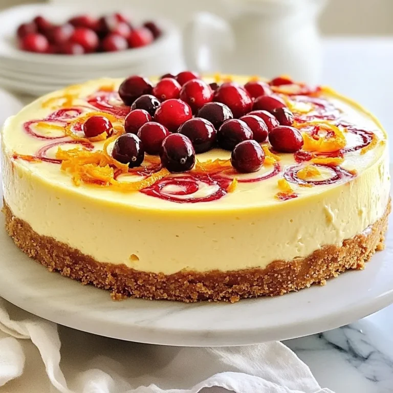 To make this cranberry orange cheesecake, you will need: - 1 ½ cups graham cracker crumbs - ½ cup unsalted butter, melted - 1 cup sugar, divided - 4 (8 oz) packages cream cheese, softened - 1 teaspoon vanilla extract - 4 large eggs - 1 cup fresh cranberries, roughly chopped - Zest of 1 large orange - 1 tablespoon fresh orange juice - 1 tablespoon cornstarch - Pinch of salt These ingredients create a rich and creamy cheesecake with a bright, fruity flavor. You can add extra flavor with these optional ingredients: - Whipped cream for serving - Whole cranberries for garnish - Orange slices for decoration These add-ons make your cheesecake even more festive and beautiful. If you need to swap some ingredients, here are some ideas: - Use gluten-free graham cracker crumbs for a gluten-free crust. - Swap regular sugar for coconut sugar for a different taste. - For a lighter option, try using reduced-fat cream cheese. These options keep the cheesecake delicious while catering to different diets. {{ingredient_image_1}} Start by preheating your oven to 325°F (160°C). In a mixing bowl, combine 1 ½ cups of graham cracker crumbs, ½ cup of melted unsalted butter, and ½ cup of sugar. Mix well until all crumbs are coated. Press this mixture firmly into the bottom of a 9-inch springform pan. Bake the crust for 10 minutes. Once done, take it out and let it cool. This crust gives a nice crunch and holds the cheesecake together. In a large bowl, beat 4 packages of softened cream cheese with the remaining ½ cup of sugar. Mix until it's smooth and creamy, which takes about 2-3 minutes. Next, add 1 teaspoon of vanilla extract, the zest of 1 large orange, 1 tablespoon of fresh orange juice, and a pinch of salt. Mix again until all flavors blend well. Now, add 4 large eggs one at a time. Make sure to mix well after each egg. Scrape down the sides of the bowl as needed. Finally, toss 1 cup of roughly chopped fresh cranberries with 1 tablespoon of cornstarch in a small bowl. This step stops the cranberries from sinking. Gently fold the cranberries into the cream cheese batter. Pour the cheesecake filling over the cooled crust in the springform pan. Bake in the preheated oven for 50-60 minutes. The center should be set but still jiggle slightly when done. After baking, turn off the oven and leave the cheesecake inside with the door slightly ajar for about 1 hour. This helps it cool slowly, which prevents cracks. Next, take it out and refrigerate for at least 4 hours, or better yet, overnight. This chilling time allows the cheesecake to set perfectly. After it's set, remove it from the springform pan, slice, and serve chilled! To make the best cheesecake, follow these simple steps: - Use room temperature ingredients. This helps mix everything well. - Do not overmix. Mix just until smooth to keep it light. - Keep the oven door closed. Open it only to check on your cheesecake. Cracks can ruin a beautiful cheesecake. Here’s how to keep it smooth: - Bake at a low temperature. This helps set the cheesecake slowly. - Use a water bath. Place the springform pan in a larger pan with water. This adds moisture. - Cool gradually. Let the cheesecake cool in the oven with the door ajar for one hour. For a stunning presentation, try these ideas: - Garnish with whole cranberries. Add a sprinkle of orange zest for color. - Serve with whipped cream. A dollop adds creaminess and balance. - Pair with a citrus drizzle. A light orange syrup enhances the flavors. These tips will help you create a cranberry orange cheesecake that looks and tastes amazing! Pro Tips Chill Your Ingredients: For a smoother cheesecake batter, ensure that your cream cheese is at room temperature before mixing. This helps to avoid lumps and creates a creamy texture. Use Fresh Cranberries: Fresh cranberries provide a tart flavor that balances the sweetness of the cheesecake. If using frozen cranberries, do not thaw them before adding to the batter. Prevent Cracking: To avoid cracks on the surface of your cheesecake, bake it slowly in a water bath (bain-marie). This helps to regulate the temperature and keeps the cheesecake moist. Let it Rest: Allowing the cheesecake to cool in the oven with the door slightly ajar can prevent sudden temperature changes that lead to cracks. After cooling, refrigerate for the best results. {{image_2}} You can change the crust for your cranberry orange cheesecake. Instead of graham crackers, use: - Oreo cookies for a richer taste. - Almond flour for a gluten-free option. - Vanilla wafer cookies for a sweet twist. Each crust brings its own flavor. This can change the whole vibe of your dessert. Feel free to add more flavors to your cheesecake. Here are some ideas: - Mix in white chocolate chips for sweetness. - Use lemon zest instead of orange for a bright kick. - Try adding spices like cinnamon or nutmeg for warmth. These small changes can make your cheesecake unique. You can also replace fresh cranberries with dried ones if you want a sweeter taste. Garnishing is key to making your cheesecake shine. Here are some simple ideas: - Top each slice with whole cranberries for color. - Sprinkle extra orange zest on top for freshness. - Add a dollop of whipped cream for creaminess. These tips will make your cheesecake look as good as it tastes. A beautiful presentation can impress your guests and make every bite special. To keep your cheesecake fresh, wrap it well. Use plastic wrap or foil. You can also place it in an airtight container. Stored this way, the cheesecake stays good for 3 to 5 days in the fridge. Make sure to keep it cold, away from strong smells in your fridge. Freezing is a great option for longer storage. First, let the cheesecake cool completely. Then, wrap each slice in plastic wrap. After that, put the slices in a freezer bag or container. This helps prevent freezer burn. You can freeze the cheesecake for up to 2 months. When you are ready, just take it out and let it thaw in the fridge overnight. If you want to enjoy your cheesecake warm, the best way is to use a low oven. Preheat your oven to 200°F (90°C). Place the cheesecake on a baking sheet. Heat for about 10-15 minutes, or until warm. Avoid the microwave, as it can make the cheesecake soggy. Enjoy the soft, creamy texture again! Yes, you can use other fruits. Raspberries, blueberries, or strawberries work well. Just chop them small. This keeps the texture nice. Mix them in the same way as cranberries. The flavor will change, but the cheesecake will still be tasty. Feel free to experiment for your favorite fruit flavor! The cheesecake is done when the edges are set but the center jiggles slightly. This means it's still creamy inside. Check it around 50-60 minutes of baking. If you overbake, it may crack or become dry. It’s better to err on the side of underbaking. To cut the cheesecake, use a sharp knife. Dip it in hot water, then wipe it dry. This helps create a clean slice. Start from the center and work outwards. For neat pieces, clean the knife after each cut. This will keep each slice looking perfect and appetizing! You now have a complete guide to making a delicious cheesecake. We covered the key ingredients, from the basic mix to optional additions. I shared step-by-step instructions for preparing the crust and filling, plus baking tips to avoid cracks. You learned about variations and how to store your cheesecake for later enjoyment. Remember, each cheesecake can be unique. Keep experimenting with flavors and toppings. Enjoy your baking journey and impress your friends!