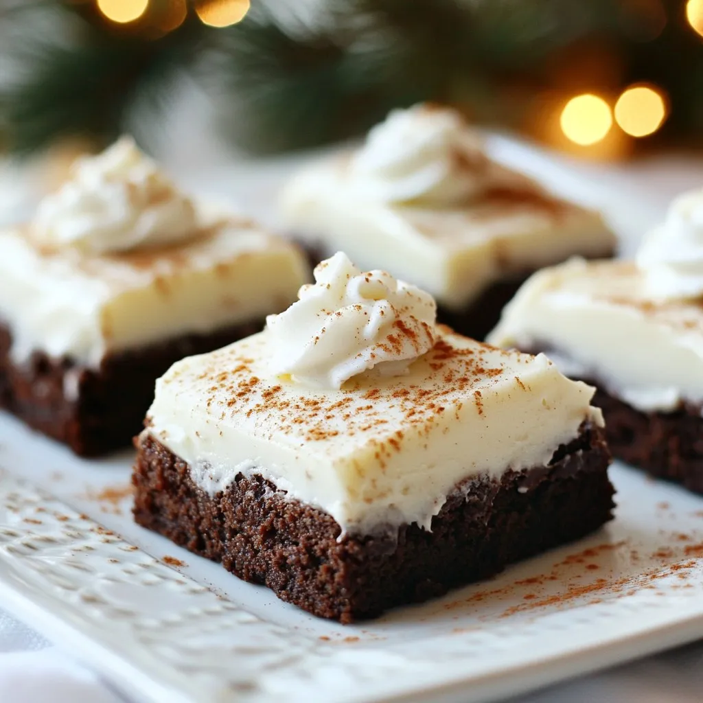 To make these rich brownies, gather the following: - 1 cup unsalted butter, melted - 1 cup granulated sugar - 1 cup brown sugar, packed - 4 large eggs - 1 teaspoon vanilla extract - 1 cup all-purpose flour - 1/2 cup unsweetened cocoa powder - 1 teaspoon baking powder - 1/2 teaspoon salt These ingredients combine to create a fudgy base. The melted butter gives a rich flavor while the sugars add sweetness. The eggs help bind everything together. Flour and cocoa powder create that classic brownie texture. For the delightful eggnog frosting, you will need: - 1/2 cup unsalted butter, softened - 2 cups powdered sugar - 1/4 cup eggnog (store-bought or homemade) - 1/2 teaspoon ground nutmeg - 1/4 teaspoon cinnamon This frosting adds a creamy layer on top of your brownies. The butter makes it smooth, while the eggnog gives it a festive flavor. Nutmeg and cinnamon bring warmth to each bite. To make your brownies look extra special, consider these garnishes: - Whipped cream - Additional nutmeg for sprinkling Whipped cream adds a light touch, while nutmeg enhances the eggnog flavor. These simple extras create a beautiful presentation that will impress your guests. {{ingredient_image_1}} Start by preheating your oven to 350°F (175°C). Grease a 9x13 inch baking pan. In a big bowl, mix 1 cup of melted butter, 1 cup of granulated sugar, and 1 cup of brown sugar. Stir until smooth. Next, add 4 large eggs, one at a time. Mix well after each egg. Then, stir in 1 teaspoon of vanilla extract. In another bowl, whisk together 1 cup of all-purpose flour, 1/2 cup of cocoa powder, 1 teaspoon of baking powder, and 1/2 teaspoon of salt. Gradually add this dry mix to your wet mixture. Stir gently until just combined. This is your brownie batter! Pour the brownie batter into the greased pan. Spread it out evenly. Bake in the preheated oven for 25-30 minutes. Check for doneness by inserting a toothpick into the center. It should come out mostly clean. Once baked, let the brownies cool completely in the pan on a wire rack. While the brownies cool, make the frosting. In a bowl, beat 1/2 cup of softened butter with an electric mixer until creamy. Gradually add 2 cups of powdered sugar, mixing until smooth. Then, add 1/4 cup of eggnog, 1/2 teaspoon of nutmeg, and 1/4 teaspoon of cinnamon. Mix until well combined. If the frosting is too thick, add more eggnog. If it's too thin, add more powdered sugar. Once the brownies are cool, it's time to frost them! Spread the eggnog frosting evenly over the top of the brownies. For a fun touch, consider piping whipped cream around the edges. Sprinkle a bit of nutmeg on top for extra flavor. Now, cut the brownies into squares and they are ready to serve! To get that rich, fudgy texture, focus on your mixing. Mix the butter and sugars until creamy. Then, add the eggs one by one, blending well each time. This step is key for a smooth batter. When you mix in the dry ingredients, do it gently. Over-mixing can lead to tough brownies. Just stir until you see no more flour. Bake them until a toothpick comes out mostly clean. This ensures a gooey center and a slight crust on top. For the eggnog frosting, start with softened butter. Beat it until creamy for the best texture. When you add powdered sugar, do this gradually. If the frosting is too thick, add a splash more eggnog. If it's too runny, add more powdered sugar. You want a spreadable but thick frosting. A good frosting should hold its shape when spread on the brownies. When serving, cut the brownies into nice squares. For a festive touch, pipe whipped cream around the edges. Then, sprinkle a little nutmeg on top. This adds color and a holiday vibe. You can also serve them warm, right out of the pan. Warm brownies with cold frosting create a delightful contrast. Pair these treats with a glass of eggnog for a perfect holiday snack. Pro Tips Use Room Temperature Ingredients: Allow your eggs and butter to come to room temperature for better incorporation and a smoother batter. Don't Overmix the Batter: Mix until just combined to ensure your brownies remain fudgy and moist rather than cakey. Cool Completely Before Frosting: Let the brownies cool fully in the pan before applying the frosting to prevent it from melting. Experiment with Toppings: Feel free to add crushed nuts, chocolate chips, or festive sprinkles on top of the frosting for added texture and flavor. {{image_2}} You can easily make these brownies fit your diet. For a gluten-free option, swap the all-purpose flour with a gluten-free blend. For those avoiding dairy, use coconut oil instead of butter. Egg substitutes like applesauce or flaxseed can replace eggs. This way, everyone can enjoy these tasty treats during the holidays. Mix-ins add fun and flavor to your brownies. Consider adding chocolate chips for extra sweetness. You can also add nuts, like walnuts or pecans, for a bit of crunch. Dried fruits, such as cranberries or cherries, can bring a nice tartness. Be creative! Just keep the total mix-ins to about one cup. While the eggnog frosting is delightful, you can switch it up. Try adding peppermint extract for a minty twist. Or, use flavored creamers like vanilla or caramel to enhance the taste. You can also opt for a simple chocolate frosting if you want something rich. Each variation adds a new layer of joy to your brownies. To store your leftover brownies, first let them cool completely. Place them in an airtight container. This keeps them fresh for several days. You can also wrap them in plastic wrap for extra protection. They will stay tasty for about 3 to 4 days at room temperature. If you want to keep them longer, consider freezing them. Freezing brownies is simple and a great way to save them. Cut the brownies into squares before freezing. Wrap each square in plastic wrap tightly. After that, place the wrapped brownies in a freezer bag. Label the bag with the date. Brownies can last in the freezer for about 2 to 3 months. When you’re ready to enjoy them, just thaw them in the fridge overnight. To reheat brownies, use your oven for the best results. Preheat the oven to 350°F (175°C). Place the brownies on a baking sheet. Heat them for about 10 minutes. This warms them up nicely without drying them out. If you're in a hurry, you can use the microwave. Heat them in 10-second bursts until warm. Avoid heating too long to keep them moist. Enjoy these treats warm with a scoop of ice cream! Yes, you can use other frostings. Cream cheese frosting adds a nice tang. Chocolate ganache gives a rich touch. You can even try vanilla buttercream for a lighter taste. Just make sure it pairs well with the brownie flavor. Eggnog frosted brownies last about three to five days. Store them in an airtight container. Keep them in the fridge to stay fresh longer. This helps keep the frosting creamy and tasty. Yes, you can make these brownies ahead of time. Bake them a day or two in advance. Just frost them when you're ready to serve. This keeps the brownies soft and the frosting fresh. You can use heavy cream or milk as a substitute. If you want a festive twist, try using spiced rum or almond milk. You may need to adjust spices to match the flavors. These brownies combine rich chocolate and creamy eggnog frosting for a festive treat. We covered ingredients, from fluffy brownie batter to frosty toppings. Tips helped you achieve the best texture and presentation. Variations let you tailor the recipe to fit your needs. In the end, enjoy your baking and satisfy your sweet tooth. These brownies can brighten any occasion. So get creative, have fun, and share your treats with others!