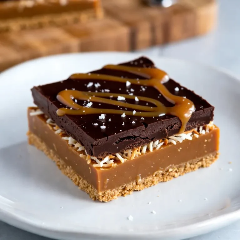 Here are the simple ingredients you need for no-bake Samoa cookie bars. Each one plays a key role in flavor and texture. - 1 ½ cups graham cracker crumbs - ½ cup unsweetened cocoa powder - ½ cup unsweetened shredded coconut, toasted - ½ cup brown sugar, packed - ½ cup unsalted butter, melted - 1 cup sweetened condensed milk - 1 cup semi-sweet chocolate chips - ¼ cup caramel sauce - 1 teaspoon vanilla extract - Sea salt for garnish Each ingredient adds something special. The graham cracker crumbs give a great base. Cocoa powder adds rich flavor. Shredded coconut brings a chewy texture. Brown sugar adds sweetness. Melted butter helps everything stick together. Sweetened condensed milk makes the filling creamy. Chocolate chips provide a delicious topping. Caramel sauce adds a sweet twist. Lastly, a sprinkle of sea salt enhances all the flavors. With these ingredients, you can create a treat that tastes like a cookie without baking! {{ingredient_image_1}} First, gather your ingredients. In a large bowl, mix together graham cracker crumbs, cocoa powder, toasted coconut, brown sugar, and melted butter. Stir until you see a wet sand texture. This mixture will form the base of your bars. Make sure everything is well combined for the best flavor. Next, take an 8x8-inch baking dish. Line it with parchment paper, leaving extra paper on the sides. This makes it easier to lift the bars out later. Now, press the crumb mixture firmly into the bottom of the dish. Ensure it's even to create a strong crust. In a new bowl, combine sweetened condensed milk, caramel sauce, and vanilla extract. Mix until smooth. This creamy filling adds a sweet layer. For more coconut flavor, add a bit more toasted coconut. Stir it in gently. Pour the caramel coconut mixture over the crust. Use a spatula to spread it evenly. This layer should cover the crust completely. Take your time to make it look nice. Grab a microwave-safe bowl for the chocolate chips. Heat them in the microwave in 30-second bursts. Stir after each time until the chocolate is smooth. This melted chocolate will top off your bars perfectly. Now, pour the melted chocolate over the caramel layer. Use your spatula to spread it evenly. If you like, drizzle some extra caramel on top for a nice look. It adds a sweet touch, too. Let the bars sit at room temperature for about 10 minutes. Then, move them to the fridge for at least 2 hours. This time helps them set properly. Once firm, lift them out using the parchment paper. Cut them into squares and sprinkle a pinch of sea salt on top before serving. Enjoy your delicious no-bake Samoa cookie bars! To get a smooth chocolate layer, melt your chips carefully. Use a microwave-safe bowl. Heat in 30-second bursts. Stir after each interval until the chocolate is fully melted. This method keeps the chocolate from burning. Pour the melted chocolate over your filling. Spread it evenly with a spatula. If you want a fancy touch, drizzle extra caramel on top. It adds a nice look and flavor. For a stronger coconut taste, use more toasted coconut in the filling. I suggest adding an extra ¼ cup to the mixture. You can also use coconut extract instead of vanilla. Just a teaspoon will enhance the coconut flavor. This tweak gives your bars an extra tropical twist. Experiment with different types of coconut, such as sweetened or flaked. To keep your Samoa cookie bars fresh, store them in an airtight container. Place a piece of parchment paper between layers to prevent sticking. They will stay good in the fridge for up to a week. If you want to keep them longer, consider freezing them. Cut them into squares before freezing. This way, you can grab just what you need later. Pro Tips Use Fresh Ingredients: Always use fresh and high-quality ingredients for the best flavor, especially in the caramel and chocolate layers. Toast the Coconut: Toasting the shredded coconut enhances its flavor and adds a lovely crunch to the bars. Chill Thoroughly: Make sure to chill the bars for at least 2 hours to allow them to set properly, making them easier to cut. Customize Toppings: Feel free to get creative with toppings—try adding chopped nuts or a sprinkle of flaky sea salt for an extra touch. {{image_2}} You can add nuts to your No-Bake Samoa Cookie Bars for a fun twist. Walnuts or pecans work well in this recipe. Chop them finely and mix them in with the crust. This adds a nice crunch and a rich flavor. You can also sprinkle them on top before chilling the bars. This gives your dessert a great look and taste. If you need a gluten-free option, use gluten-free graham cracker crumbs. Many brands offer these now. You can also use almond flour as a base. This keeps the bars tasty while meeting your dietary needs. Just make sure to check the labels to ensure all ingredients are gluten-free. There are many fun toppings you can try. Instead of chocolate, you can use white chocolate for a sweeter taste. Drizzling more caramel on top adds extra flavor and a beautiful finish. You might even sprinkle some sea salt for a sweet and salty mix. These changes help you customize your bars to fit your taste buds perfectly. To keep your No-Bake Samoa Cookie Bars fresh, store them in an airtight container. Place parchment paper between layers to avoid sticking. Keep them in the refrigerator for best taste and texture. They stay firm and tasty this way. You can freeze these bars for up to three months. Cut them into squares first. Wrap each piece in plastic wrap, then place them in a freezer bag. To enjoy, thaw them in the fridge overnight. They will taste just as good! These bars are best served cold, so you don’t need to reheat them. If you want a warm treat, try melting a bit of chocolate to drizzle on top. This small change gives a fresh twist to the bars without losing their charm. Yes, you can! Try using crushed Oreos, vanilla wafers, or even shortbread cookies. Each type adds a unique flavor and texture. Just remember to adjust the sugar if your cookies are sweet. These bars can last up to one week in the fridge when stored in an airtight container. To keep them fresh, make sure they are well covered. Absolutely! Use vegan butter and replace the sweetened condensed milk with coconut cream or a store-bought vegan alternative. You can find vegan chocolate chips too. To cut the bars, use a sharp knife. Dip it in hot water and dry it off before slicing. This method helps create clean cuts. To boost the chocolate flavor, try adding more chocolate chips to the filling. You can also drizzle extra melted chocolate on top before chilling. You learned how to make delicious no-bake chocolate coconut bars using simple ingredients. We covered the steps, tips, and variations to help you succeed. Remember, you can customize these bars to fit your taste. Store them properly to enjoy later, and try the FAQs if you have questions. Now, it’s time to gather your ingredients and start creating something sweet. Enjoy your tasty treats!