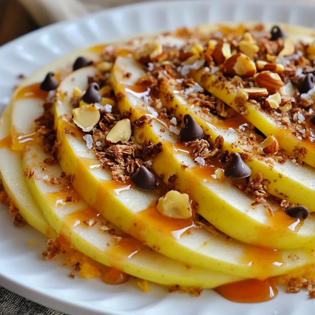 - 3 medium-sized apples (Honeycrisp, Fuji, or Granny Smith), thinly sliced - 1 cup granola (your choice of flavor) - 1/2 cup salted caramel sauce (store-bought or homemade) - 1/4 cup mini chocolate chips - 1/4 cup chopped nuts (walnuts, pecans, or almonds) - Sea salt flakes, for sprinkling - 1 tablespoon lemon juice (to prevent apple browning) These ingredients create a blend of flavors and textures. The apples bring crispness. The granola adds crunch. The salted caramel enhances sweetness. I love using Honeycrisp apples for their sweet and tart balance. Fuji apples are also great. They are sweet and juicy. Granny Smith apples add a nice tang. They contrast well with the caramel. If you're allergic to nuts, simply skip them. You can also use seeds, like pumpkin or sunflower. For gluten-free options, choose gluten-free granola. If you want to avoid caramel, try a berry sauce instead. This way, you can still enjoy delicious nachos! {{ingredient_image_1}} Start by washing the apples well. Choose medium-sized apples like Honeycrisp, Fuji, or Granny Smith for the best taste. Core each apple and slice them thinly. This makes them easy to stack and eat. To keep them fresh and bright, toss the slices in lemon juice. This step is key to prevent browning. Grab a large platter or a baking sheet lined with parchment paper. Lay the apple slices down in an overlapping pattern. This creates a nice base for your nachos. Drizzle half of the salted caramel sauce over the apples. Make sure it covers them well. Next, sprinkle the granola evenly over the apples for a nice crunch. Add mini chocolate chips and chopped nuts on top. These add great flavor and texture. Finally, drizzle the rest of the salted caramel sauce over everything. Lightly sprinkle sea salt flakes over the nachos. This helps balance the sweetness of the caramel and apples. Serve immediately so everyone can enjoy the fresh taste. For a fun twist, offer extra salted caramel sauce on the side for dipping. You can also add fresh apple slices or mint leaves for a pop of color. Enjoy this sweet treat with friends and family! To keep your apples fresh, use lemon juice. Toss the apple slices in a bowl with one tablespoon of lemon juice. This simple step stops browning. It keeps your nachos looking great. Fresh-looking apples make the dish more inviting. Presentation is key for any dish. Arrange the apple slices in a fun design on your platter. Overlap them slightly to create a beautiful base. Drizzle half the salted caramel sauce in a zigzag. This adds flair, making it eye-catching. For extra color, add fresh mint leaves around the edges. You can also serve a small bowl of caramel on the side for dipping. For a perfect caramel drizzle, heat the sauce slightly. This makes it easier to pour. Use a squeeze bottle or a spoon for more control. Drizzle the caramel evenly over the apples. Remember to save some for the final touch. A light sprinkle of sea salt balances the sweetness perfectly. Pro Tips Choose the Right Apples: Use a mix of sweet and tart apples like Honeycrisp and Granny Smith for a balanced flavor. Make It Nut-Free: If allergies are a concern, simply omit the nuts or replace them with sunflower seeds for crunch without the allergens. Presentation Matters: Arrange the apple slices in a colorful pattern to make the dish visually appealing and inviting. Customize Your Toppings: Feel free to experiment with different toppings like coconut flakes or dried fruit to create your unique version. {{image_2}} If you want a nut-free version of salted caramel apple nachos, skip the nuts. You can replace them with seeds like sunflower or pumpkin. These seeds add crunch without the allergens. You can also try coconut flakes for a sweet twist. They lend a tropical flavor that works well with apples. Get creative with toppings! You can use dried fruits like cranberries, raisins, or apricots. They add chewiness and a burst of flavor. For a fun twist, consider using crushed cookies like graham crackers or Oreos. They add a delightful crunch and sweetness. Drizzle some melted peanut butter or white chocolate for a rich finish. Change it up for the seasons! In the fall, add spices like cinnamon or nutmeg to the caramel. You can also toss in some pomegranate seeds for a festive touch. In winter, use peppermint candies for a fresh flavor. For spring, try fresh berries like strawberries or blueberries. Each season offers unique flavors that can enhance your nachos. To store leftovers, place your salted caramel apple nachos in an airtight container. Make sure to cover them to keep them fresh. If you have extra caramel sauce, store it in a separate container to prevent sogginess. This way, you can enjoy the nachos for up to two days. Reheating salted caramel apple nachos is tricky. The apples can get mushy if heated too much. Instead, I suggest enjoying them cold. If you prefer warm nachos, briefly microwave them for about 10 seconds. Check them often to avoid overcooking. Drizzle with fresh caramel after reheating for a yummy boost. To keep your nachos fresh, always use crisp apples. Honeycrisp, Fuji, or Granny Smith work best. When buying apples, look for ones that feel firm and have smooth skin. Store them in the fridge to maintain their crunch. Granola and nuts should also be stored in a cool, dry place to keep them fresh and crunchy. Yes, you can prepare some parts ahead of time. Slice the apples and toss them with lemon juice. Store them in an airtight container in the fridge. You can also make the salted caramel sauce in advance. Just reheat it gently before serving. However, I recommend assembling the nachos right before serving. This keeps the apples crisp and the toppings fresh. These nachos are great on their own but pair well with some sides. You can serve them with extra caramel sauce for dipping. A scoop of vanilla ice cream adds a creamy touch. If you want something warm, serve them with warm apple cider. These additions make your dessert even more fun and delicious. Absolutely! You can swap out the salted caramel sauce for a lighter version. Try using homemade applesauce or yogurt instead. For the granola, choose a low-sugar option or skip it entirely. Instead of chocolate chips, use fresh berries for a fruity twist. These changes make your nachos still tasty but a bit healthier too. This blog post explored the fun and tasty world of Salted Caramel Apple Nachos. We covered key ingredients, step-by-step instructions, and helpful tips to make your nachos shine. Remember, you can switch the apples or toppings to fit any taste. Store any leftovers well to enjoy later. Crafting this dessert can be a delightful experience. Now, gather your friends and enjoy this sweet treat together!