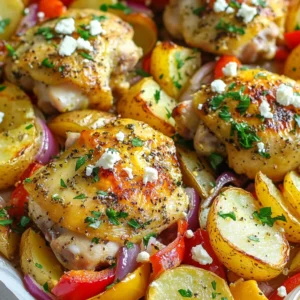 - 4 boneless, skinless chicken thighs - 4 medium Yukon gold potatoes, cut into wedges - 1 red bell pepper, sliced - 1 red onion, cut into wedges - 3 cloves garlic, minced - 1 tablespoon dried oregano - 1 tablespoon dried thyme - 1 teaspoon paprika - 3 tablespoons olive oil - 1 lemon, juiced and zested - Salt and pepper, to taste - Feta cheese, crumbled - Fresh parsley, chopped for garnish When I cook, I love to use fresh and simple ingredients. The chicken thighs give a tender bite. Yukon gold potatoes add a buttery taste. The red bell pepper and onion bring bright colors and flavors. The marinade is key. It has garlic, herbs, and spices. Olive oil adds richness, while lemon brings a nice zing. Together, they make the chicken juicy and tasty. If you want, add feta cheese on top. It gives a salty kick that just works. Fresh parsley can brighten the dish and make it look pretty. Each ingredient works together to create a delicious dinner. {{ingredient_image_1}} To start, I mix the marinade in a large bowl. I use: - 3 tablespoons olive oil - Juice and zest from 1 lemon - 3 cloves minced garlic - 1 tablespoon dried oregano - 1 tablespoon dried thyme - 1 teaspoon paprika - Salt and pepper, to taste I combine these ingredients well until they blend nicely. Then, I add the chicken thighs. I make sure they are fully coated in the marinade. This step is crucial! I let them marinate for at least 30 minutes. For even more flavor, I recommend marinating in the fridge for up to 2 hours. While the chicken marinates, I prepare the sheet pan. First, I spread out the potato wedges, red bell pepper slices, and red onion wedges on the pan. For this recipe, I use: - 4 medium Yukon gold potatoes, cut into wedges - 1 red bell pepper, sliced - 1 red onion, cut into wedges Next, I drizzle a bit of olive oil over the veggies and season them with salt and pepper. I toss everything to coat and ensure they are evenly seasoned. Now it’s time to bake! I remove the marinated chicken from the bowl and place it on top of the vegetables on the sheet pan. I pour any leftover marinade over the chicken and veggies. I preheat the oven to 425°F (220°C) and bake the dish for 30-35 minutes. I check for doneness by ensuring the chicken is cooked through and the potatoes are tender and golden. Halfway through, I toss everything for even cooking. If I want a tangy kick, I sprinkle crumbled feta cheese on top for the last 5 minutes of baking. To get the best flavor, marinate your chicken right. Use a bowl and mix olive oil, lemon juice, garlic, oregano, thyme, paprika, salt, and pepper. Coat the chicken thighs well in this mix. For extra flavor, let them marinate for 30 minutes at room temperature. If you want even more taste, marinate for up to 2 hours in the fridge. Even cooking is key for this dish. Spread chicken and potatoes out on a sheet pan. Toss them halfway through cooking to ensure they roast nicely. Use a meat thermometer to check that the chicken reaches 165°F. This helps to keep the chicken juicy and tender. Feel free to mix up the herbs and spices. Instead of thyme, try rosemary or dill for a fresh twist. You can add a pinch of red pepper flakes for some heat. Adjust the salt and pepper to match your taste. Add more lemon juice for a zesty kick. Don’t be afraid to be creative! Pro Tips Marinate Longer for Flavor: For an even more flavorful dish, marinate the chicken for up to 2 hours or overnight in the refrigerator. This allows the flavors to penetrate deeper into the meat. Choose the Right Potatoes: Yukon gold potatoes are perfect for roasting due to their creamy texture, but feel free to use other varieties like red potatoes or even sweet potatoes for a different twist. Check for Doneness: Always ensure your chicken is cooked through by checking that it reaches an internal temperature of 165°F (75°C). This guarantees it's safe to eat and perfectly juicy. Add Fresh Herbs for Garnish: While parsley adds a nice touch, consider using fresh dill or mint as an alternative garnish to enhance the Mediterranean flair of the dish. {{image_2}} You can mix things up by using different cuts of chicken. Bone-in chicken thighs work well too. For a lighter option, try chicken breasts. If you're feeling adventurous, use pork tenderloin or lamb. These meats add unique flavors. If you prefer a vegetarian dish, consider using chickpeas or tofu. Both options soak up the marinade well. You can also use portobello mushrooms for a meaty texture. Don't feel limited to just red bell peppers and onions. You can swap in zucchini, carrots, or asparagus. Each vegetable adds its own taste and texture. Seasonal choices are great too. In summer, use fresh tomatoes and corn. In fall, sweet potatoes and Brussels sprouts shine. These changes keep the dish fresh and exciting. Want some heat? Add red pepper flakes or diced jalapeños to the marinade. This gives the dish a nice kick. You can also explore different marinades. Try a teriyaki sauce for an Asian twist. Or use a curry paste for a bold flavor. These changes can make each meal unique and fun. To keep your Greek chicken and potatoes fresh, place leftovers in an airtight container. This helps lock in moisture and flavor. Make sure to refrigerate them within two hours of cooking. For best taste, use glass or BPA-free plastic containers. These are safe and easy to clean. When reheating, aim for the oven or a skillet. This keeps the chicken tender and the potatoes crispy. Preheat the oven to 350°F (175°C) and warm for about 15-20 minutes. If using a skillet, add a little olive oil and heat on medium. Always check that the chicken reaches 165°F (74°C) to ensure it’s safe to eat. You can freeze the Greek chicken and potatoes for later. Let the dish cool completely before packing it up. Use freezer-safe bags or containers. Squeeze out as much air as possible to prevent freezer burn. For thawing, place it in the fridge overnight. You can also use the microwave if you're in a hurry, just ensure it's heated evenly. You should marinate the chicken for at least 30 minutes. This time allows the flavors to soak in. For even better taste, marinate up to 2 hours in the fridge. The longer you marinate, the more flavorful the chicken becomes. Just make sure not to go overboard, as too long can make it mushy. Yes, you can use skin-on chicken thighs. They add extra richness and flavor. Just keep in mind that skin-on thighs may take a bit longer to cook. Be sure to check the internal temperature. It should reach 165°F (75°C) to ensure it's safe to eat. Many sides pair well with this dish. Here are some ideas: - Greek salad: Fresh and crunchy, it balances the meal. - Tzatziki: This cool yogurt sauce complements the chicken perfectly. - Roasted vegetables: Carrots or zucchini add color and nutrition. - Rice or quinoa: These grains soak up the flavors well. Feel free to mix and match to create your perfect meal! In this guide, we explored making a delicious sheet pan meal with chicken, potatoes, and fresh veggies. We covered key ingredients, easy steps to prepare, and tips for perfect results. You can customize flavors and even try different proteins or veggies. Remember to store leftovers properly and reheat them well. This dish is tasty and flexible, making it great for any meal. Enjoy cooking and experimenting with this simple yet flavorful recipe.