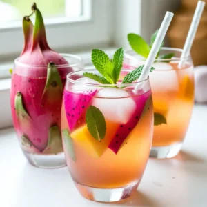 To make a Mango Dragonfruit Refresher, you need these fresh ingredients: - 1 cup fresh dragonfruit (pitaya), diced - 1 ripe mango, diced - 2 cups coconut water - 1 tablespoon agave syrup (or honey) - 1 tablespoon freshly squeezed lime juice - 1/2 teaspoon vanilla extract - Ice cubes - Fresh mint leaves for garnish First, prepare the dragonfruit and mango. Cut the dragonfruit in half. Use a spoon to scoop out the bright pink flesh. Dice it into small cubes. Next, take your ripe mango. Peel it and cut it into small pieces too. Both fruits give the drink a sweet flavor and bright color. Coconut water adds a light, tropical taste. It hydrates and balances the sweetness of the fruits. Use agave syrup or honey to sweeten the drink. Adjust the sweetness to your liking. A little lime juice adds a tangy kick that makes each sip refreshing. The vanilla extract rounds out the flavors and gives a smooth finish. {{ingredient_image_1}} First, take your fresh dragonfruit and mango. Cut the dragonfruit in half. Use a spoon to scoop out the soft flesh. Dice the flesh into small pieces. Next, peel the ripe mango. Cut it into cubes as well. Make sure both fruits are ready. This will give your drink great flavor and color. Now, grab a blender. Add the diced dragonfruit and mango. Pour in two cups of coconut water. Add one tablespoon of agave syrup and the fresh lime juice. Don&rsquo;t forget the half teaspoon of vanilla extract. Blend everything until smooth. Check the taste. If you want it sweeter, add more agave syrup. Blend again to mix it well. To serve, grab some glasses. Fill them with ice cubes. Pour the blended mixture over the ice. Fill each glass until almost full. For a nice touch, garnish with fresh mint leaves. This makes your drink look and taste amazing. Enjoy your Mango Dragonfruit Refresher! To make the best Mango Dragonfruit Refresher, focus on the balance of flavors. The sweet mango and dragonfruit need a bit of tartness. The lime juice adds that nice zing. You want to taste the fruit, not just sweetness. Adjust the lime juice based on your taste. If you love citrus, add a bit more. Sweetness is key in this drink. You can easily change it to fit your taste. Start with one tablespoon of agave syrup. Blend your fruits and taste the mix. If it&rsquo;s not sweet enough, add more syrup. Mix and taste again. Don&rsquo;t forget, honey works too! It gives a nice flavor twist. Presentation makes your drink pop! Use clear glasses to show off the vibrant colors. Add ice cubes for a frosty look. For a fun touch, garnish with fresh mint leaves. You can also place a slice of lime on the rim. It looks fancy and adds flavor. Enjoy the beauty of your drink as much as the taste! Pro Tips Choose Ripe Fruits: Select mangoes that are slightly soft to the touch and have a sweet aroma for the best flavor. Chill Ingredients: For an even more refreshing drink, chill your coconut water and fruits in advance. Customize Sweetness: Adjust the sweetness of your refresher by adding more agave syrup or even a splash of fruit juice if desired. Garnish Creatively: Experiment with different herbs like basil or lemon balm for a unique twist on the garnish. {{image_2}} You can swap coconut water for different liquids. Try using sparkling water for fizz. This adds a fun twist and extra bubbles. You can also use lemonade for a sweet and tangy taste. If you like a creamier drink, use almond milk. Each option gives your Mango Dragonfruit Refresher a new flavor profile. Want to mix things up? Add more fruits to your drink! Pineapple chunks give a tropical vibe. Strawberries add a sweet touch and a pop of color. You can even toss in some kiwi for tartness. Just remember to blend them well with the mango and dragonfruit. Frozen drinks are great for hot days. To make a frozen Mango Dragonfruit Refresher, blend in ice cubes with the fruit mixture. This will give you a slushy texture. You can also freeze the blended drink in an ice cube tray. Later, blend the cubes for an easy, icy treat. Enjoy these fun variations! To keep your Mango Dragonfruit Refresher fresh, store it in an airtight container. This stops air and light from changing the taste. Make sure to chill it in the fridge. Use glass or plastic containers that seal well. If you have extra mint leaves, store them in water to keep them fresh. Keep your drink in the fridge right after making it. If you plan to have some later, do not add ice until serving. Ice can water down the drink, making it less tasty. For the best flavor, drink it within two days. Your prepared Mango Dragonfruit Refresher can last about 2 days in the fridge. After that, the taste may fade. If you notice any odd smells or colors, toss it out. Always check before you sip! Drinking it fresh gives you the best flavor and texture. If you can't find fresh dragonfruit, use frozen pitaya. Just blend it straight from the freezer. You can also use pitaya powder. This gives a similar flavor and color. If neither is available, consider using ripe watermelon or a mix of other tropical fruits. They won't taste the same but will still make a refreshing drink. This recipe is already vegan-friendly! The agave syrup is a great substitute for honey. If you want a different sweetener, try maple syrup or stevia. Both options keep the drink plant-based while still tasting delicious. Just check labels if you use pre-made ingredients. Some may not be vegan. Yes, you can easily double or triple the recipe. Just keep the same ratios. Use a bigger blender to mix it all at once. This is perfect for parties or hot days. Just remember to adjust the amount of ice and garnish as well. Enjoy sharing this tasty drink with friends! This drink is all about fresh, tasty ingredients like dragonfruit and mango. You learned how to prepare them, blend them, and create a refreshing drink. Tips showed you how to balance flavors and present your drink nicely. You can also switch up ingredients for fun variations. Keep your drink fresh by storing it properly. Whether you want to enjoy it now or later, mastering these steps will make your drink a hit. Remember, experimenting leads to the best results, so have fun making this drink your own!