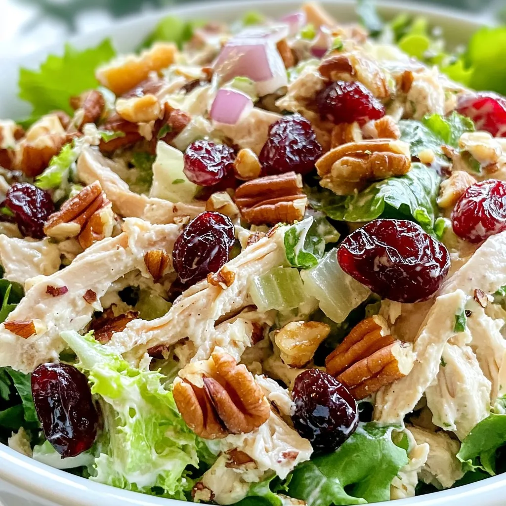 - 2 cups cooked chicken breast, shredded - 1/2 cup dried cranberries - 1/2 cup pecans, roughly chopped - 1/2 cup celery, diced - 1/4 cup red onion, finely chopped - 1/2 cup plain Greek yogurt - 1 tablespoon Dijon mustard - 1 tablespoon honey - Salt and pepper to taste - Mixed greens, for serving For this cranberry pecan chicken salad, you need a mix of fresh and hearty ingredients. I like to use cooked chicken breast that is shredded. It gives a nice base and adds protein. Dried cranberries bring a sweet and tart flavor. Pecans add a crunchy texture and nutty taste. Celery and red onion add crunch and a fresh bite. The Greek yogurt acts as a creamy dressing option. Dijon mustard and honey give it a unique flavor. Don’t forget to season with salt and pepper to bring it all together. Finally, serve the salad on a bed of mixed greens for a fresh touch. This mix creates a balanced, tasty dish that’s perfect for lunch or dinner. {{ingredient_image_1}} 1. In a large bowl, combine the shredded chicken, dried cranberries, chopped pecans, diced celery, and finely chopped red onion. Mix them well. This creates a great base for your salad. Each ingredient adds a different texture and flavor. 2. In a small bowl, prepare the dressing. Mix together the Greek yogurt, Dijon mustard, honey, salt, and pepper until smooth. This dressing is creamy and gives a nice tart flavor to the salad. 3. Pour the dressing over the chicken mixture. Toss everything together until all the ingredients are well coated. This step makes sure every bite is full of flavor. - After mixing, taste the salad. Add more salt and pepper if needed. Adjusting these flavors can make a big difference. - Cover the bowl and refrigerate the chicken salad for at least 30 minutes. This helps the flavors to meld together, making the salad even tastier. - To serve, arrange a handful of mixed greens on a plate. This adds color and freshness to your dish. - Top the greens with a generous scoop of the cranberry pecan chicken salad. You can also sprinkle some extra pecans or cranberries on top for added crunch and flavor. Enjoy your fresh and tasty creation! What can I use instead of Greek yogurt? If you need a Greek yogurt alternative, try plain sour cream. You can also use mayonnaise for a richer taste. For a lighter option, consider using cottage cheese blended until smooth. These swaps keep the salad creamy and delicious. What if I need a nut-free option? If you want a nut-free salad, skip the pecans. You can add sunflower seeds for a nice crunch. Pumpkin seeds are another great choice. They add texture and flavor without the nuts. What are the best practices for storage? To make your salad ahead of time, store it in an airtight container. This keeps it fresh. You can refrigerate it for up to three days. Just be sure to keep the mixed greens separate until serving. How can I keep the ingredients fresh? Keep the celery and onion in a separate bag. Adding them just before serving helps keep their crunch. This way, your salad stays fresh and tasty. What are some suggestions for seasoning? You can add a pinch of garlic powder or onion powder to the dressing. A squeeze of lemon juice can brighten the flavors, too. Don’t forget to taste and adjust salt and pepper as needed! What fresh herbs can I add? Chopped fresh parsley or dill can elevate your salad. You could also use chives for a mild onion flavor. Adding herbs gives your salad a fresh twist. Pro Tips Use Rotisserie Chicken: For a quicker preparation, consider using store-bought rotisserie chicken instead of cooking your own. Customize Your Nuts: Feel free to substitute pecans with walnuts or almonds for a different flavor and texture. Add Fresh Herbs: Enhance the flavor by adding fresh herbs like parsley or dill to the salad mixture. Serve with Toast: For a heartier meal, serve the chicken salad on toasted bread or in a wrap. {{image_2}} You can add different fruits to your salad for more taste. Sliced apples are crisp and sweet. They balance the tartness of the cranberries. You can also use grapes. Halve them for easy eating. Cheese is another great addition. Feta adds a salty bite. Goat cheese gives a creamy texture. Both cheeses blend well with the other ingredients. If you need a gluten-free option, use gluten-free yogurt. Make sure to check labels. Most of the ingredients are already gluten-free. For a vegetarian version, remove chicken. You can replace it with chickpeas. They add protein and texture. You can also try using tofu. You can serve this salad in many ways. It works great as a wrap. Use a tortilla or lettuce leaf to hold the salad. Stuffed avocados or tomatoes are fun, too. Cut them in half and scoop out some flesh. Fill them with the salad mix for a colorful dish. How long does the salad last? The cranberry pecan chicken salad stays fresh for about three to four days in the fridge. Proper airtight storage is key to keeping it tasty. Use a sealed container to avoid air and moisture. This helps maintain its flavor and texture. Can it be frozen? While you can freeze the chicken salad, the texture may change. The vegetables might become mushy after thawing. Best practices for freezing and thawing include portioning it into small containers. This way, you only thaw what you need. Thaw it overnight in the fridge for best results. How can you refresh leftovers? If you have some left, avoid reheating in the microwave. Instead, let it sit at room temperature for about 15 minutes. This brings back some freshness. To avoid sogginess, skip adding extra dressing before refrigerating leftovers. Store it separately and mix it in when ready to eat. You can cook chicken in several ways. I recommend poaching or baking. - Poaching: This keeps the chicken moist. Place chicken in simmering water, cook for about 15 to 20 minutes. - Baking: Preheat the oven to 375°F (190°C). Season the chicken and bake for 25 to 30 minutes. - Grilling: For a smoky flavor, grill chicken breasts for 6 to 8 minutes per side. After cooking, let the chicken cool. Then, shred it for your salad. Yes, you can! There are many tasty protein options. - Tofu: Use firm tofu, cubed and sautéed. - Chickpeas: Canned chickpeas work well. Rinse and mash lightly before adding. - Turkey: Shredded turkey is a great substitute if you have leftovers. - Tempeh: This adds a nutty flavor. Cook it until golden and crumble it in. These options make the salad both yummy and filling. You can keep the salad in the fridge for up to three days. - Store it in an airtight container for the best quality. - If you notice any off smells or slimy textures, it's best to throw it away. Always check before eating leftovers to keep it safe. This blog post covered how to make a tasty Cranberry Pecan Chicken Salad. You learned about the key ingredients, step-by-step instructions, and helpful tips. I shared ways to adjust flavors and variations to suit your taste. In conclusion, enjoy making this salad that is fresh and easy. It’s perfect for meals or snacks. Don’t forget to store it correctly for later enjoyment. Now you have the tools to create a delicious dish anytime!