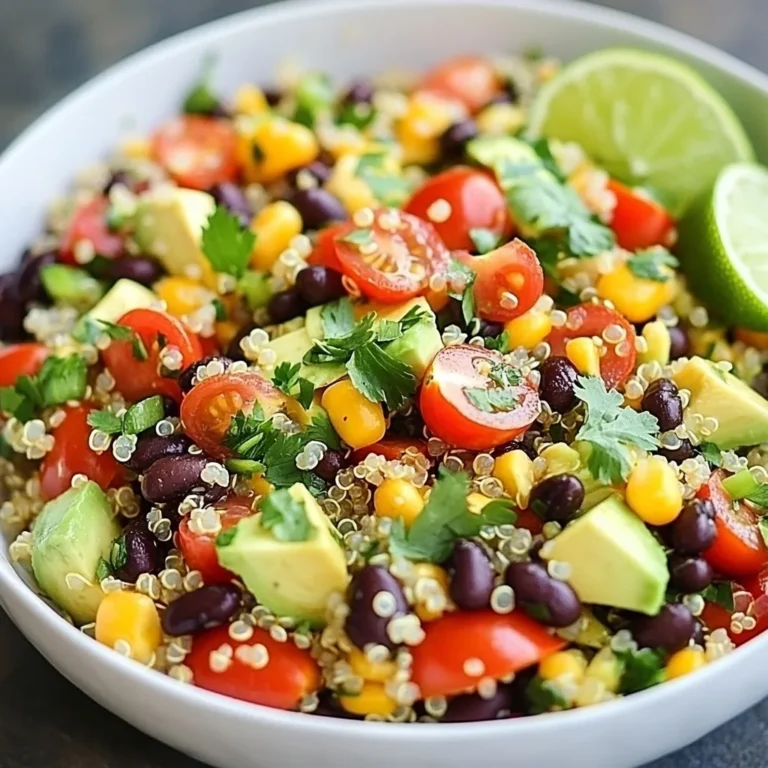 To make this zesty quinoa black bean salad, you will need the following: - 1 cup quinoa, rinsed - 2 cups vegetable broth or water - 1 can (15 oz) black beans, drained and rinsed - 1 cup cherry tomatoes, halved - 1 red bell pepper, diced - 1 small red onion, finely chopped - 1 avocado, diced - 1/4 cup fresh cilantro, chopped - 1 lime, juiced - 3 tablespoons olive oil - 1 teaspoon cumin - 1 teaspoon smoked paprika - Salt and pepper to taste Each ingredient plays a key role in this salad. The quinoa gives a great base, and the black beans add protein. The cherry tomatoes and red bell pepper bring color and sweetness. The red onion adds a slight bite, while the avocado offers creaminess. For the dressing, lime juice and olive oil make it bright and fresh. Cumin and smoked paprika add warmth. Don’t forget salt and pepper to taste! Using fresh ingredients makes a big difference. Choose firm tomatoes and a ripe avocado. Look for vibrant bell peppers that feel heavy for their size. For herbs, fresh cilantro should smell strong and look bright green. If possible, use low-sodium vegetable broth for better control over salt. Rinse the quinoa well to remove any bitterness. These tips help ensure your salad tastes its best! {{ingredient_image_1}} First, rinse one cup of quinoa under cold water. This step removes the natural bitterness. In a medium saucepan, add the rinsed quinoa and two cups of vegetable broth or water. Bring this mixture to a boil over high heat. Once boiling, reduce the heat to low. Cover the pot and let it simmer for about 15 minutes. You will know it’s done when the quinoa is fluffy and all the liquid is absorbed. Remove the pot from the heat and let it cool for a few minutes. While the quinoa cools, prepare the vegetables. Take one can of black beans and drain them well. Rinse them under cold water to get rid of extra sodium. Next, halve one cup of cherry tomatoes. Dice one red bell pepper into small pieces. Finely chop one small red onion. Finally, dice one ripe avocado. These veggies add great color and texture to your salad. For the dressing, grab a small bowl. Squeeze the juice from one lime into the bowl. Add three tablespoons of olive oil. Then, mix in one teaspoon of cumin and one teaspoon of smoked paprika. Season with salt and pepper to taste. Whisk everything together until it’s well combined. This dressing gives the salad its zesty flavor. In a large mixing bowl, combine all the prepared vegetables. Add the cooled quinoa to this bowl. Pour the zesty dressing over the top. Toss everything gently to coat all the ingredients evenly. Just before serving, fold in a quarter cup of chopped fresh cilantro. This adds a burst of freshness and color to your dish. Serve the salad in a large bowl or individual portions, garnished with extra lime wedges for a fun touch! To cook quinoa well, rinse it first. This removes the bitter coating. Use two cups of broth or water for every cup of quinoa. Boil the liquid, then add the quinoa. Reduce the heat and cover the pot. Let it simmer for about 15 minutes. The quinoa is ready when it looks fluffy, and the liquid is gone. If you want a nutty flavor, toast the quinoa in a dry pan before cooking. This salad is great for lunch or dinner. Serve it cold or at room temperature. You can make it a main dish or a side. Pair it with grilled chicken or fish for protein. It's also nice with tortilla chips for extra crunch. For a full meal, add a side of guacamole or salsa. Garnish your salad to make it pop. Add lime wedges for a zesty kick. Extra cilantro on top adds color and flavor. You can also sprinkle some feta cheese for creaminess. A handful of crunchy nuts can add texture. These simple touches make your dish more appealing. Pro Tips Use Fresh Ingredients: For the best flavor and texture, always opt for fresh vegetables and herbs when making this salad. Customize Your Beans: Feel free to substitute black beans with other types like kidney beans or chickpeas for a different taste and texture. Make it Ahead: This salad can be made a day in advance. Just keep the dressing separate until you’re ready to serve to maintain freshness. Serve Chilled: For optimal taste, serve the salad chilled. Refrigerate for at least 30 minutes before serving. {{image_2}} You can boost this salad with protein. Try adding grilled chicken for a hearty touch. Shrimp works well too, adding a nice flavor. For a meat-free option, use tofu or tempeh. These add a great texture and protein punch. You can also mix in some cheese like feta or cotija. This adds creaminess and a salty kick. This salad is already vegetarian and can easily be vegan. To keep it vegan, just skip any cheese you may add. You can also include chickpeas for a protein boost. They fit well with the other flavors. If you want more variety, add roasted vegetables. Zucchini or sweet potatoes are perfect choices. They add great taste and texture. To take your salad to the next level, try adding spices. A dash of cayenne can bring some heat. If you like herbs, fresh basil or mint can add a nice twist. You could also mix in some corn for sweetness. For extra zing, add diced jalapeños for a spicy kick. A sprinkle of lime zest can brighten the flavors too. These small changes can make a big difference! To keep your Zesty Quinoa Black Bean Salad fresh, store it in an airtight container. Make sure to cool the salad to room temperature before sealing it. This prevents moisture buildup, which can make the salad soggy. If you added avocado, eat it within a day or two to avoid browning. When stored correctly, this salad lasts about 3 to 5 days in the fridge. The flavors will meld nicely over time, making it even tastier. However, keep an eye on the fresh ingredients, like avocado and cilantro, which can spoil faster. While I recommend enjoying this salad fresh, you can freeze it for later. However, avoid freezing avocado and tomatoes, as they don’t do well when thawed. To freeze, place the quinoa and the black beans with other veggies in a freezer-safe bag or container. Use it within 1 to 2 months for the best flavor. When ready to eat, thaw it overnight in the fridge before serving. Yes, you can use other grains. Brown rice, farro, or barley work well. Each grain has a unique taste and texture. If you choose rice, be sure to adjust the water amount. Follow the cooking times for each grain carefully for the best results. If you want to swap black beans, try kidney beans or chickpeas. Both will add protein and fiber. Make sure to rinse and drain them well. Each bean brings its own flavor, making the salad different and tasty. To add heat, include diced jalapeños or a dash of hot sauce. You might also sprinkle in some chili powder or cayenne pepper. Start with a little and taste as you go. This way, you can find the right spice level for you. Yes, this salad is great for meal prep! It stores well in the fridge for up to four days. Keep the dressing separate if you want it fresh. Just mix it in when you're ready to eat. This makes it easy to enjoy throughout the week. This article covers everything you need for a tasty quinoa salad. We discussed key ingredients, step-by-step cooking, and tips for perfecting your dish. You learned how to enhance flavors and choose the right veggies. Storing leftovers wisely helps maintain freshness. Remember, you can mix and match ingredients for variety. Don't hesitate to try different grains or spices. Enjoy your healthy meal, and have fun experimenting!