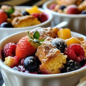 For this recipe, you need: - 1 cup strawberries, hulled and sliced - 1 cup blueberries - 1 cup raspberries These berries bring bright color and sweet flavor to the cobbler. They mix well together. You can use fresh or frozen berries, but fresh gives the best taste. Gather these dry items: - 1 cup granulated sugar, divided - 1 tablespoon cornstarch - 1 ½ cups all-purpose flour - 2 teaspoons baking powder - ½ teaspoon salt - 1 teaspoon ground cinnamon - 1 tablespoon sugar for topping These dry ingredients give structure and sweetness to your cobbler. The cornstarch helps thicken the berry juices. Now, for the wet items: - 2 tablespoons lemon juice - 1 teaspoon vanilla extract - ½ cup unsalted butter, melted - 1 cup milk These wet ingredients make the batter rich and moist. The lemon juice adds a nice zing that balances the sweetness. {{ingredient_image_1}} First, preheat your oven to 350°F (175°C). This step warms the oven for even baking. Next, grease a 9x13-inch baking dish with butter or spray. This helps the cobbler release easily when done. In a large bowl, combine the following berries: - 1 cup strawberries, hulled and sliced - 1 cup blueberries - 1 cup raspberries Next, add these ingredients: - ½ cup granulated sugar - 2 tablespoons lemon juice - 1 tablespoon cornstarch - 1 teaspoon vanilla extract Gently toss the berries to coat them well. Pour this sweet berry mixture into the greased baking dish. In another bowl, whisk together: - 1 ½ cups all-purpose flour - 2 teaspoons baking powder - ½ teaspoon salt - ½ cup granulated sugar Add in: - ½ cup unsalted butter, melted - 1 cup milk Stir until just mixed. Avoid overmixing to keep the batter light. Now, pour the cobbler batter over the berry mixture. Use a spatula to spread it gently. It's okay if some berries peek through the batter. This makes it look rustic and inviting. Place the baking dish in the preheated oven. Bake for 45-50 minutes. Keep an eye on it. The top should turn golden brown. To check if it’s done, insert a toothpick into the batter; it should come out clean. Once baked, let it cool for 10-15 minutes. This will help set the juices and flavors. Enjoy your warm triple berry cobbler! For the best flavor, choose ripe berries. Look for bright colors and no soft spots. Fresh strawberries should be red and firm. Blueberries should be plump and deep blue. Raspberries need to be bright and intact. If you can, buy organic berries. They taste better and are safer. To get a soft and fluffy cobbler, mix the batter gently. Overmixing makes it dense. When you pour the batter over the berries, do not worry if it doesn’t cover them completely. The berries will bubble through while baking. Use melted butter for moisture, and make sure your baking powder is fresh for a good rise. Serve the cobbler warm for the best taste. Top it with a scoop of vanilla ice cream or whipped cream. You can also sprinkle fresh berries on top for color. If you like a little crunch, add nuts or granola as a topping. For a twist, drizzle honey or caramel sauce over each serving. Pro Tips Choose Fresh Berries: Make sure to select berries that are ripe and firm for the best flavor and texture in your cobbler. Mix the Batter Gently: When combining the wet and dry ingredients, stir just until mixed to avoid a tough texture. Let it Cool: Allow the cobbler to rest before serving; this helps the juices thicken and makes it easier to serve. Serving Suggestions: Enhance the dish by pairing it with vanilla ice cream or a dollop of whipped cream for a delightful contrast. {{image_2}} You can easily adapt this recipe for gluten-free diets. Use a gluten-free flour blend instead of all-purpose flour. Look for a mix that works well for baking. This will keep the texture light and fluffy. You can also add a bit more cornstarch for extra binding. Feel free to mix and match your berries. You can use blackberries or even cherries. Each berry brings a unique flavor. Experiment with different combinations for a fun twist. Just remember to keep the total amount of berries around three cups. To boost flavor, try adding spices like nutmeg or ginger. A splash of almond extract can add a lovely depth. You can also stir in some lemon zest for a fresh zing. These small changes can make your cobbler stand out. Don't be afraid to get creative! After you enjoy your triple berry cobbler, you might have some left. Let it cool fully before storing. Place it in an airtight container. It stays fresh in the fridge for up to three days. This way, you can savor those delicious flavors again. When you're ready to eat the leftovers, reheat them in the oven. Set the oven to 350°F (175°C). Place the cobbler in an oven-safe dish. Cover it with foil to keep it moist. Heat for about 15-20 minutes. If you like, you can microwave a slice for about 30-60 seconds. Enjoy it warm, just like fresh! If you want to save some cobbler for later, freezing works great. Cut the cooled cobbler into pieces. Wrap each piece in plastic wrap and then foil. Store them in a freezer bag or airtight container. It can last up to three months. When you're ready to enjoy it, thaw in the fridge overnight. Then, reheat as mentioned before. This way, you get to enjoy that berry goodness anytime! Yes, you can use frozen berries. They work well in cobbler. Just make sure to thaw them first. Drain any excess juice to avoid a soggy cobbler. Using frozen berries makes this recipe easy all year long. Check the cobbler after 45 minutes of baking. The top should be golden brown. Insert a toothpick in the batter. If it comes out clean, the cobbler is ready. If not, bake for a few more minutes. Serve the cobbler warm for the best taste. Top it with a scoop of vanilla ice cream. You can also add whipped cream for extra creaminess. Fresh berries on top make it look pretty and add flavor. Yes, you can make substitutions. For a gluten-free option, use a gluten-free flour blend. To reduce sugar, use a sugar substitute. You can also swap dairy milk for almond or oat milk. These changes keep the cobbler tasty and fun. This article covered how to make a delicious berry cobbler. We explored fresh and dry ingredients, plus the steps to create the perfect batter. I shared tips for selecting the best berries and achieving great texture. You even learned about gluten-free options and how to store your leftovers. With these pointers, you can whip up a tasty dessert. Enjoy your berry cobbler and get creative with your favorite flavors!