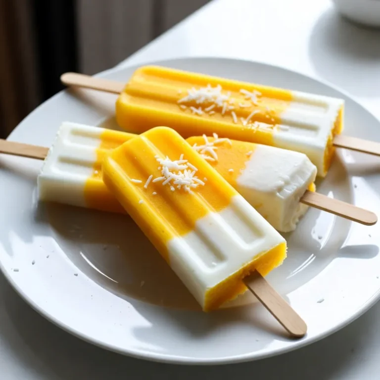To make these tasty popsicles, you need just a few key ingredients: - 2 ripe mangoes, peeled and diced - 1 cup coconut milk (use canned for creaminess) - 1/2 cup coconut water - 2 tablespoons honey or agave syrup (adjust for sweetness) - 1 tablespoon lime juice - A pinch of salt These ingredients blend together to create a smooth and flavorful treat. The ripe mangoes bring sweet, fruity notes. The coconut milk adds creaminess, while the coconut water keeps it light and refreshing. Lime juice gives a zesty kick, balancing the sweetness. You can make your popsicles even better with these fun extras: - Shredded coconut for rolling - Fresh mint leaves for a fresh touch - Lime zest for added flavor These garnishes help to enhance the tropical vibe. Adding shredded coconut gives a nice texture. Fresh mint leaves can make your popsicles look pretty and taste amazing. You can easily swap some ingredients if needed: - Use almond milk instead of coconut milk for a nutty flavor. - Maple syrup can replace honey or agave syrup. - If you don't have fresh mangoes, frozen mango works well too. These substitutions keep your popsicles tasty while meeting your needs. Adjusting ingredients can help fit your diet or what you have on hand. Feel free to experiment! {{ingredient_image_1}} First, grab two ripe mangoes. Peel them and dice them into small chunks. Ripe mangoes give the popsicles a sweet taste. Next, gather the other ingredients. You will need coconut milk, coconut water, honey or agave syrup, lime juice, and a pinch of salt. Each ingredient adds a unique flavor to the popsicles. Now, place the diced mangoes into a blender. Add one cup of coconut milk, half a cup of coconut water, two tablespoons of honey, one tablespoon of lime juice, and a pinch of salt. Blend the mixture on high speed. Keep blending until it is smooth and creamy. Make sure there are no chunks of mango left. Once blended, taste the mixture. If you want it sweeter, add more honey or agave syrup. Pour the blended mango mixture into popsicle molds. Leave a small gap at the top of each mold. This gap allows the mixture to expand when it freezes. Next, insert popsicle sticks into the molds. Place the molds in the freezer for at least six hours. Wait until they are fully solid. When ready to serve, run warm water over the outside of the molds. This trick helps the popsicles slide out easily. For a fun touch, roll the popsicles in shredded coconut before enjoying them! To get creamy popsicles, use canned coconut milk. It has a rich taste. Blend it well with ripe mangoes. Make sure there are no chunks left. A smooth mix makes the best texture. If it feels too thick, add a bit more coconut water. This keeps it light and refreshing. Taste your mix before you freeze. If it’s not sweet enough, add more honey or agave syrup. You can taste as you go. This lets you control the sweetness. Some like it sweeter, while others prefer less. Just remember, sweetness can change when frozen. Removing popsicles can be tricky. To make it easier, run warm water over the mold for a few seconds. This helps loosen the popsicles. Gently pull them out once they feel free. If they stick, don’t force them; just add more warm water. You want to keep them intact and pretty! Pro Tips Choose Ripe Mangoes: Ensure your mangoes are perfectly ripe for the sweetest and most flavorful popsicles. They should be slightly soft to the touch and have a fragrant aroma. Adjust Sweetness: Depending on the ripeness of your mangoes, you may need to adjust the amount of honey or agave syrup. Taste the mixture before pouring it into molds. Experiment with Add-ins: Feel free to add other tropical fruits like pineapple or banana to the blender for a unique twist on flavor and texture. Storage Tips: To keep your popsicles fresh, store them in an airtight container once they are frozen. They can last up to a month in the freezer. {{image_2}} You can make your popsicles even better by adding other fruits. Try mixing in diced pineapple, kiwi, or banana. Each fruit adds its own flavor and taste. Just keep the total amount the same. Blend them with the mangoes for a tropical twist. The more fruit, the more fun! Want a creamier texture? Add yogurt to your mix! Use plain or flavored yogurt for extra taste. Mix in about 1/2 cup of yogurt with the other ingredients. This makes the popsicles rich and smooth. You’ll love how creamy they become! For a vegan treat, use coconut milk and plant-based sweeteners. Choose agave syrup or maple syrup instead of honey. Coconut milk is already vegan, but make sure your sweetener is too. This keeps your popsicles tasty and plant-based. Enjoy a refreshing treat that everyone can love! To store leftover popsicles, keep them in their molds if you plan to eat them soon. If not, remove them and wrap each popsicle in plastic wrap. This keeps them fresh and prevents freezer burn. Place the wrapped popsicles in a freezer bag or container. Be sure to label it with the date. For the best taste, store popsicles at a consistent temperature. Avoid opening the freezer too often. If you use a container, choose one that is airtight. This helps lock in flavor and keeps ice crystals from forming. You can also add a piece of parchment paper between popsicles to prevent sticking. These popsicles last about two months in the freezer. After that, they might lose flavor and quality. To enjoy them at their best, try to eat them within the first month. If you notice any off smells or changes in texture, it’s best to toss them. Enjoy your popsicles fresh for maximum delight! You need to freeze the popsicles for at least 6 hours. This time helps them become solid. If you want extra cold pops, freeze them overnight. Just be sure they are fully frozen before you try to eat them. Yes, you can use frozen mango. It works great and saves time. Just remember to let the mango thaw a bit before blending. This helps your blender mix everything smoothly. Frozen mango can make your popsicles extra cold and refreshing. You can use many sweeteners instead of honey. Agave syrup is a good option. Maple syrup or stevia also works well. Just adjust the amount to match your taste. Each sweetener adds a unique flavor, so feel free to experiment. Yes, these popsicles are healthy! They use fresh fruit and coconut milk. Mango provides vitamins and fiber. Coconut milk adds healthy fats. If you choose a natural sweetener, you keep it healthy. Enjoy them as a tasty treat without guilt! We explored how to make Tropical Mango Coconut Popsicles. I shared key ingredients, step-by-step instructions, and helpful tips for success. You can also customize your popsicles with fun variations. Remember, storing them properly keeps them fresh longer. Enjoy these tasty treats, and feel free to experiment with flavors and textures! Your popsicle-making skills will impress friends and family. Now, go ahead and make them your own!