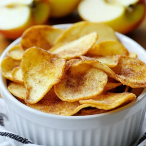 - 3 medium-sized apples (recommended varieties: Honeycrisp or Fuji) - 1 teaspoon of ground cinnamon - 2 tablespoons of granulated sugar - 1 tablespoon of lemon juice - Pinch of salt - Sharp knife or mandoline - Baking sheets - Parchment paper - Mixing bowls When I make cinnamon sugar apple chips, I start with the right ingredients. You want three medium-sized apples, like Honeycrisp or Fuji. These apples are sweet and crisp, perfect for making chips. The next step is to gather the spices. You will need one teaspoon of ground cinnamon and two tablespoons of granulated sugar. This mix creates that sweet, warm flavor we all love. Don't forget to add one tablespoon of lemon juice. This juice helps prevent the apples from turning brown. A pinch of salt is also key. It enhances the flavors and balances the sweetness. For equipment, a sharp knife or a mandoline helps you slice the apples thinly. Thin slices bake better and turn crisp. You’ll also need baking sheets lined with parchment paper. The parchment keeps the chips from sticking. Lastly, grab some mixing bowls to prepare everything. With these ingredients and tools, you are ready to make a delicious snack that is both crunchy and sweet! {{ingredient_image_1}} First, preheat your oven to 200°F (93°C). This low heat helps the chips become crispy. Next, line two baking sheets with parchment paper. This will keep the chips from sticking. Now, wash the apples under cool water. Be sure to scrub off any dirt. Then, use a knife to core the apples. This means you remove the hard center that holds the seeds. Slice the apples into very thin rounds. Aim for about 1/8 inch thick. A mandoline can help you get even slices. In a small bowl, mix together the sugar, cinnamon, and a pinch of salt. This creates a yummy blend. In a large bowl, toss the apple slices with lemon juice. This step stops the apples from turning brown. Then, sprinkle the cinnamon sugar mix over the apple slices. Make sure every slice gets a good coating. Now, arrange the apple slices in a single layer on your baking sheets. They should not overlap. This helps them cook evenly. Bake them in the preheated oven for about 2 hours. You want them to be crisp and golden brown. After baking, take them out and let them cool. As they cool, they will become even crisper. Enjoy your homemade cinnamon sugar apple chips! To make the best apple chips, slice the apples very thin. Aim for slices about 1/8 inch thick. A mandoline works great for this. If you cut them too thick, they will take longer to bake. Adjust your baking time if your slices are thicker, adding 10 to 15 minutes. For thinner slices, check them around the 1.5-hour mark. For a fun twist, add nutmeg or vanilla to your cinnamon sugar mix. A dash of nutmeg gives warmth and depth. You can also try other spices like ginger or allspice. If you want more sweetness, swap the granulated sugar for brown sugar. Each change adds a new flavor layer to your chips. Present your apple chips in a decorative bowl. A sprinkle of cinnamon sugar on top makes them look fancy. Pair them with dips, like yogurt or caramel sauce. You can even stack them in a cone for a fun snack. Enjoy them as a healthy treat, any time of day! Pro Tips Choose the Right Apples: Opt for crisp and sweet varieties like Honeycrisp or Fuji for the best flavor and texture. Slice Evenly: Using a mandoline ensures uniform thickness, which helps the apple chips cook evenly and become perfectly crisp. Watch the Baking Time: Keep an eye on the chips during the last 30 minutes of baking to prevent burning, as oven temperatures can vary. Storage Tips: Store the cooled chips in an airtight container to maintain their crispness for up to a week. {{image_2}} You can switch up the spices in your apple chips for fun flavors. Try adding pumpkin spice for a warm, cozy taste. Just mix it with the cinnamon and sugar. You could also use nutmeg or ginger for a unique twist. Want to change up the sweet taste? Use brown sugar instead of white sugar. Brown sugar adds a deeper flavor. Honey is another great option. Drizzle it on the apple slices before baking for a natural sweetness. You are not limited to apples! Pears make great chips, too. They have a soft texture and sweet flavor. Slice them thin and follow the same steps as for apple chips. Mix apples with other dried fruits for variety. Try adding dried cranberries or apricots. This gives you a colorful snack with different flavors. You can even create a fruit chip medley for a fun treat. To keep your cinnamon sugar apple chips fresh, use airtight containers. Glass jars or plastic containers work well. Make sure to store them in a cool, dry place. Avoid exposing them to moisture, as this can make them soggy. If you have extra chips, consider vacuum-sealing them for longer freshness. Homemade apple chips last about a week when stored properly. After that, they may lose their crunch. Signs of spoilage include a soft texture or an off smell. If your chips feel chewy instead of crunchy, it's best to toss them. Enjoy them while they are fresh for the best taste! To make cinnamon sugar apple chips in a dehydrator, follow these steps: - Wash and core 3 medium-sized apples. - Slice the apples into thin rounds, about 1/8 inch thick. - Toss the slices with 1 tablespoon of lemon juice to keep them fresh. - In a bowl, mix 1 teaspoon of ground cinnamon, 2 tablespoons of sugar, and a pinch of salt. - Sprinkle this mixture over the apple slices. - Lay the slices in a single layer on the dehydrator trays. - Set the dehydrator to 135°F (57°C). - Dehydrate for 6 to 8 hours until they are crisp. This method gives you delicious chips with a great texture. Yes, you can buy pre-made cinnamon sugar apple chips. Some good brands include: - Bare Snacks - Amazon's Happy Valley - Simply 7 Snacks You can find these at grocery stores or online. Look in the snack aisle or the health food section for the best options. Cinnamon sugar apple chips can be a healthy snack. Here are some key nutrition facts: - Apples are low in calories and high in fiber. - They provide vitamin C and antioxidants. - Cinnamon has anti-inflammatory properties. However, they do contain added sugar. Enjoy them in moderation. They make a sweet treat that is better than many other snacks! You now have a clear path to make your own cinnamon sugar apple chips. With essential ingredients like apples, cinnamon, and sugar, plus helpful tips, you can achieve perfect crispiness. Remember to experiment with flavors and try different fruits for variety. Proper storage can keep your snacks fresh longer. Whether you serve them alone or with dips, these chips are a fun treat. Dive into this tasty project and enjoy your homemade snacks!