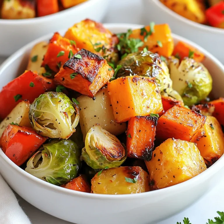- 2 cups brussels sprouts, halved - 1 large sweet potato, peeled and cubed - 1 red bell pepper, diced - 2 carrots, sliced - Olive oil - Pure maple syrup - Dijon mustard - Garlic powder - Salt - Black pepper - Fresh parsley for garnish Gathering the right ingredients is key to a successful dish. I love using fresh vegetables for this recipe. Brussels sprouts bring a nice crunch. Sweet potatoes add a touch of sweetness. The red bell pepper gives a pop of color. Carrots round out the mix with their earthiness. For the pantry items, I always choose high-quality olive oil. Pure maple syrup makes the dish sweet and rich. Dijon mustard adds a tangy kick. Garlic powder enhances the flavor without needing fresh garlic. Salt and black pepper bring everything together. Finally, fresh parsley adds brightness and a lovely look. These simple ingredients create a dish that is full of flavor and color. You will enjoy the balance of sweet and savory in every bite. {{ingredient_image_1}} - Preheat the oven to 425°F (220°C). - Chop the vegetables: halve the brussels sprouts, cube the sweet potato, dice the red bell pepper, and slice the carrots. - In a large bowl, combine the chopped vegetables. - In a small bowl, whisk together 3 tablespoons of olive oil, 2 tablespoons of pure maple syrup, 1 tablespoon of Dijon mustard, 1 teaspoon of garlic powder, 1 teaspoon of salt, and ½ teaspoon of black pepper. Mix until smooth. - Pour this maple Dijon sauce over the vegetables. Toss well to coat them evenly. - Spread the coated vegetables in a single layer on a baking sheet lined with parchment paper. - Roast them in the preheated oven for 25-30 minutes. Stir halfway through for even cooking. - Look for tender and caramelized edges as a sign they are done. To make your vegetables crispy, cut them into even pieces. This helps them cook evenly. A single layer on the baking sheet is key. If they are too crowded, they will steam instead of roast. Stirring halfway through is very important. This ensures they brown on all sides. You can add herbs like thyme or rosemary for extra taste. A pinch of chili flakes adds a nice kick too. If you want more sweetness, add extra maple syrup. For a tangy twist, add a bit more Dijon mustard. Adjust these flavors based on your taste. Roasted vegetables pair well with grilled chicken or fish. They also go great with quinoa or rice. For a beautiful presentation, use a large platter. Scatter the vegetables and sprinkle fresh parsley on top. This makes your dish pop with color and flavor. Pro Tips Even Cooking: Make sure to cut your vegetables into similar sizes for even cooking and optimal caramelization. Fresh Herbs: For an extra burst of flavor, consider adding fresh herbs like thyme or rosemary along with the parsley garnish. Maple Syrup Alternatives: If you want to reduce sugar, you can substitute honey or agave syrup in place of maple syrup. Storage Tips: Leftovers can be stored in an airtight container in the fridge for up to 3 days; reheat in the oven for best results. {{image_2}} You can change this dish by using different root vegetables. Try parsnips or turnips for a new flavor. You can also use butternut squash for a sweet touch. Each root adds its own taste and texture. Mixing these options keeps things interesting. Incorporating seasonal greens is another great idea. Think about adding kale or spinach in the last few minutes of cooking. This adds color and nutrients. You can also try green beans for a nice crunch. These greens brighten the dish and add freshness. Making this dish vegan is easy. Just ensure the maple syrup is pure and check your mustard. Most Dijon mustards are vegan, but it’s good to check. This keeps the flavors punchy without adding animal products. If you need a gluten-free option, this recipe already fits the bill. Maple syrup and Dijon mustard are gluten-free. Just double-check any store-bought items. You’ll still enjoy the same tasty flavors without worry. Using an air fryer can give you a different result. Preheat your air fryer to 400°F (200°C). Spread the vegetables in a single layer in the basket. Cook for about 15-20 minutes. Shake the basket halfway through for even cooking. This method will give you crispy edges and tender centers. Grilling the vegetables also adds a smoky flavor. Toss your veggies in the maple Dijon mix as usual. Preheat your grill to medium heat. Place the vegetables on skewers or in a grill basket. Grill for about 10-15 minutes, turning often. This method gives a nice char and enhances the taste. To keep your maple Dijon roasted vegetables fresh, store them in an airtight container. This keeps out air and moisture. Place the container in the fridge. They should stay good for about three to four days. If you want extra flavor, add a sprinkle of salt before closing the lid. This adds a touch of taste and helps with freshness. For the oven method, preheat your oven to 350°F (175°C). Spread the vegetables on a baking sheet. Heat for about 10 to 15 minutes until warm. This method keeps them crisp and tasty. For the microwave method, place the vegetables in a microwave-safe bowl. Cover the bowl with a lid or microwave-safe wrap. Heat on high for 1 to 2 minutes. Stir halfway through for even heating. To freeze roasted vegetables, let them cool completely. Spread them in a single layer on a baking sheet. Freeze for about 1 to 2 hours until solid. Then, transfer the vegetables to a freezer bag. Remove as much air as possible before sealing. They will stay fresh for about three months. When reheating from frozen, use the oven method for the best results. Preheat your oven to 375°F (190°C). Spread the frozen vegetables on a baking sheet and heat for about 20 to 25 minutes. This method helps them regain their crispness. You can use many vegetables for roasting. Common choices include: - Brussels sprouts - Sweet potatoes - Red bell peppers - Carrots - Cauliflower - Broccoli - Zucchini Mixing different colors and textures makes the dish more fun. Each veggie brings its own taste. Try to pick fresh vegetables. They will caramelize better in the oven. Yes, you can make the sauce ahead of time. Just mix all the sauce ingredients together. Store it in an airtight container in the fridge. It will stay fresh for up to five days. Before using, give it a quick whisk. This will ensure it mixes well again. You can tell the vegetables are done by looking for a few signs: - They should be tender when pierced with a fork. - The edges should be slightly browned and crisp. - You will notice a sweet, caramelized smell. If they meet these signs, your vegetables are ready to enjoy! This blog covers fresh and pantry ingredients for tasty roasted vegetables. You learned how to prepare, mix, and roast them for a perfect meal. Tips on achieving crispy veggies and adding flavors were also shared. Seasonal variations and dietary tweaks provide options for everyone. Store leftovers properly to keep them fresh, and enjoy them later. With these steps, you can make delicious roasted vegetables that please any crowd. Happy cooking!