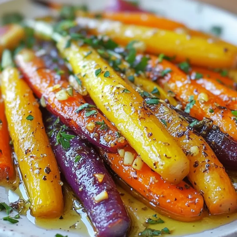 To make Garlic Herb Rainbow Carrots, you will need the following items: - Rainbow carrots (or regular carrots) - Olive oil - Garlic - Fresh herbs (thyme and rosemary) - Seasoning (salt and pepper) - Sweetener (honey or maple syrup) - Garnish (fresh parsley) Each ingredient plays a key role in bringing out the natural sweetness of the carrots. The rainbow carrots add a fun pop of color and a variety of flavors. If you can’t find rainbow carrots, regular carrots work just as well. The olive oil helps to roast the carrots evenly, creating a nice texture. Garlic gives a strong, savory flavor. Fresh thyme and rosemary add a lovely herbal note that enhances the dish. Seasoning is crucial; salt and pepper balance the sweetness of the carrots. Adding a touch of honey or maple syrup can enhance the flavor even more, but it’s optional. Lastly, fresh parsley brings brightness to the dish and makes it look appealing when served. Gather these ingredients, and you’ll be ready to create something delicious! {{ingredient_image_1}} First, set your oven to 425°F (220°C). This high heat helps the carrots roast well. While the oven heats, line a baking sheet with parchment paper. This step makes cleanup super easy. In a large bowl, take your rainbow carrots. Trim the ends and cut them into even sticks. Add 3 tablespoons of olive oil and 4 cloves of minced garlic. Then, sprinkle in 1 tablespoon of fresh thyme leaves and 1 tablespoon of chopped rosemary. Add salt and pepper to taste. If you want some sweetness, touch in 1 tablespoon of honey or maple syrup. Toss the carrots in the bowl until they are well coated with the oil and herbs. Spread the carrots out in a single layer on the baking sheet. This helps them roast evenly. Place the sheet in the oven and roast for 20 to 25 minutes. Flip the carrots halfway through for better browning. After roasting, take the carrots out of the oven. Let them cool for a few minutes. Before you serve, sprinkle freshly chopped parsley on top. This adds color and a fresh taste. Enjoy the vibrant flavors! Pick bright, firm carrots for the best taste. Rainbow carrots add fun and color. Look for carrots with smooth skin. Avoid any that are soft or wrinkled. If you can, buy organic carrots. They often have stronger flavors and less pesticide. Roasting at a high temperature makes carrots sweet and tasty. Preheat your oven to 425°F (220°C) to get great results. Cut your carrots into even sticks. This helps them cook at the same rate. Make sure they are in a single layer on the baking sheet. This prevents steaming and helps them caramelize. Adding more herbs can boost the flavor of your carrots. Try using fresh dill or basil for a new twist. If you want a bit of heat, add red pepper flakes. For a warm touch, sprinkle in a bit of cumin. Experiment with what you love to make your dish unique! Pro Tips Choose Fresh Carrots: Look for carrots that are firm and vibrant in color. Fresh carrots will have a sweeter flavor and better texture when roasted. Adjust Roasting Time: Depending on the thickness of your carrot sticks, you may need to adjust the roasting time. Thicker sticks may require a few extra minutes to become tender. Experiment with Herbs: Feel free to mix and match herbs like oregano or basil for different flavor profiles. Fresh herbs can elevate the dish even further. Don’t Overcrowd the Pan: Spread the carrots out in a single layer to ensure they roast evenly and get that nice caramelization. Overcrowding can lead to steaming instead of roasting. {{image_2}} You can mix in other veggies for fun. Try using bell peppers, zucchini, or even sweet potatoes. Cut them into sticks like the carrots. This gives you a colorful medley of flavors. Each vegetable adds a unique taste and texture. Just remember that cooking times may vary. Check on them to avoid overcooking. Feel free to switch up the herbs! You can try basil, oregano, or even dill. Each herb brings its own twist to the dish. Want a spicy kick? Add some red pepper flakes for heat. You can also use garlic powder if you don’t have fresh garlic. Experimenting makes cooking exciting! Serve these carrots as a side dish with chicken or fish. They also work great on a veggie platter. Pair them with hummus or a yogurt dip. For a quick lunch, toss them in a salad. Adding a squeeze of lemon juice brightens the flavors too! You can store leftover garlic herb rainbow carrots in the fridge. Place them in an airtight container. They will stay fresh for about 3 to 5 days. Make sure the carrots cool down before sealing the container to avoid excess moisture. Freezing garlic herb rainbow carrots is a great option. First, let them cool completely. Then, spread them on a baking sheet and freeze until solid. Once frozen, transfer the carrots to a freezer-safe bag. They can last up to 3 months in the freezer. When you’re ready to use them, thaw in the fridge overnight. Reheating the carrots is simple. You can use the oven or microwave. For the oven, preheat to 350°F (175°C). Spread the carrots on a baking sheet and heat for about 10 minutes. If using the microwave, place them in a microwave-safe dish. Heat in 30-second intervals, stirring in between, until warmed through. Enjoy these tasty carrots just as you did when first made! You will know the carrots are done when they are tender and caramelized. After about 20 to 25 minutes in the oven, check them with a fork. If the fork goes in easily, they are ready. You can also look for a golden color on the outside. This means the sugars are caramelizing, giving a sweet and rich flavor. Yes, you can use regular orange carrots or even baby carrots. They will still taste great. The cooking time may vary slightly. Just make sure to cut them into even sticks for uniform cooking. This way, all the carrots roast at the same time. Garlic herb rainbow carrots pair well with many dishes. They make a great side for roasted chicken or grilled fish. You can also serve them with quinoa or rice for a healthy meal. For a complete dinner, try adding a fresh salad. This will balance the meal and add color to your plate. In this blog post, we explored how to make Garlic Herb Rainbow Carrots. We listed simple ingredients and shared step-by-step instructions. Helpful tips showed how to select and roast the best carrots. Variations let you add your favorite veggies or spices. We also gave storage advice and answered common questions. Roasting carrots brings out their sweet flavors. Enjoy this dish as a side or snack anytime!