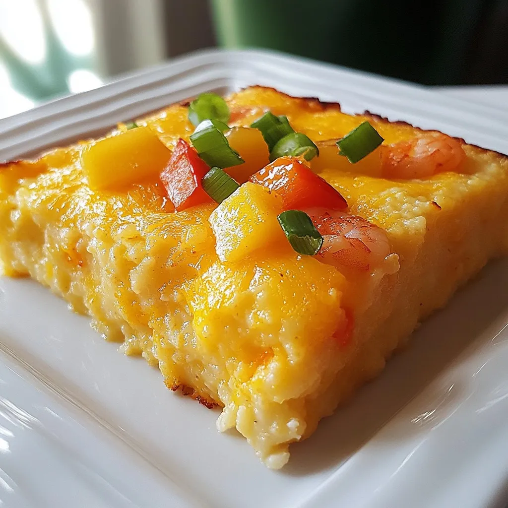To make a tasty shrimp and grits casserole, gather these key ingredients: - 1 cup grits (quick-cooking or regular) - 4 cups water or chicken broth - 1 pound shrimp, peeled and deveined - 1 tablespoon olive oil - 1 bell pepper (red or green), diced - 1 small onion, finely chopped - 2 cloves garlic, minced - 1 cup shredded sharp cheddar cheese - 1 cup milk - 2 large eggs - 1 teaspoon Cajun seasoning - ½ teaspoon smoked paprika - Salt and black pepper to taste - Chopped green onions for garnish These ingredients create a rich and creamy base. The shrimp adds a nice touch of seafood flavor. The bell pepper and onion give great texture and sweetness. The cheese brings a creamy, cheesy element that everyone loves. You can make your casserole even better with some garnishes. Here are some ideas: - Extra shredded cheese on top - Chopped parsley or cilantro - Sliced jalapeños for heat - Diced tomatoes for freshness These toppings add flavor and color. They make your dish look lovely when served. If you don't have some ingredients, don't worry! Here are some substitutes you can use: - Grits: Polenta or couscous can work in a pinch. - Shrimp: Try cooked chicken or sausage instead. - Cheddar cheese: Use Monterey Jack or Colby cheese for a different flavor. - Milk: Almond milk or oat milk can work well for a dairy-free option. These substitutes allow you to customize the casserole. Feel free to adjust based on what you have on hand. {{ingredient_image_1}} Start by preheating your oven to 350°F (175°C). Grease a 9x13 inch casserole dish. In a large saucepan, bring 4 cups of water or chicken broth to a boil. Once it’s boiling, slowly whisk in 1 cup of grits. Lower the heat to low. Stir often until the mixture thickens, which takes about 5 to 7 minutes. After thickening, remove it from heat and let it cool slightly. In a skillet, heat 1 tablespoon of olive oil over medium heat. Add 1 diced bell pepper and 1 small chopped onion. Sauté for about 5 minutes until the vegetables soften. Then, add 2 minced garlic cloves and cook for another minute. Next, add 1 pound of peeled and deveined shrimp. Cook until the shrimp turn pink, which takes around 3 to 4 minutes. In a large bowl, mix the cooked grits, sautéed shrimp, and vegetables. Add 1 cup of shredded sharp cheddar cheese, 1 cup of milk, and 2 large eggs. Then, stir in 1 teaspoon of Cajun seasoning, ½ teaspoon of smoked paprika, and salt and pepper to taste. Once mixed well, pour the entire mixture into your greased casserole dish. Spread it evenly. Bake for 30 to 35 minutes until the casserole sets and the top looks golden. After baking, let it cool for a few minutes, then garnish with chopped green onions before serving. To cook grits well, start with the right liquid. I prefer using chicken broth for extra flavor. Bring the broth to a boil before adding the grits. Stir them in slowly to avoid lumps. Cook them on low heat, stirring often. This helps them become creamy. If they seem too thick, add a bit more broth or water. Remember to let them cool slightly before mixing with other ingredients. For tasty shrimp, use fresh or frozen shrimp. If using frozen, thaw them completely. Heat olive oil in a skillet over medium heat. Add the shrimp and cook for about 2-3 minutes on each side. They should turn pink and opaque. Avoid overcooking, as shrimp can become tough. Season with salt and pepper for added flavor. The key to a great casserole is balance. The grits should be creamy but not runny. Make sure to mix in enough cheese and milk to keep the dish moist. Cajun seasoning adds a nice kick, but adjust it to your taste. If you want more flavor, consider adding a splash of hot sauce or fresh herbs. Garnish with green onions for a fresh touch. This enhances the look and flavor of the dish. Pro Tips Use Fresh Shrimp: For the best flavor and texture, opt for fresh shrimp if available. Frozen shrimp can work in a pinch, but ensure they are properly thawed and drained before use. Customize Your Cheese: While sharp cheddar adds a nice kick, feel free to experiment with other cheeses like pepper jack or gouda for a different flavor profile. Make It Ahead: This casserole can be assembled ahead of time and stored in the fridge overnight. Just pop it in the oven when you're ready to eat! Garnish Creatively: In addition to green onions, consider adding diced tomatoes or a dollop of sour cream on top for added flavor and visual appeal. {{image_2}} You can change the flavor of the casserole by adding vegetables. Some good choices are: - Zucchini, diced - Spinach, chopped - Mushrooms, sliced - Corn, fresh or frozen These veggies add texture and taste. You can mix and match based on what you like or have at home. Just sauté them with the onion and bell pepper. This keeps everything nice and soft. If you want to switch up your protein, shrimp is not your only option. Here are some tasty alternatives: - Chicken, diced and cooked - Sausage, sliced and cooked - Tofu, cubed and sautéed Each protein brings its own flavor. Just cook them well before mixing them into the grits. This way, you add variety and fun to your meals. You can easily make this casserole vegan or dairy-free. Here’s how: - Replace shrimp with chickpeas or lentils. - Use vegetable broth instead of chicken broth. - Swap milk for almond or oat milk. - Use vegan cheese or skip it entirely. These changes keep the dish tasty and satisfying. You can enjoy a rich flavor without dairy or meat. Be creative and find what works for you! To store leftover casserole, let it cool first. Cover the dish with plastic wrap or foil. You can also transfer it to an airtight container. This keeps it fresh for up to three days in the fridge. Make sure to label the container with the date. When you want to reheat the casserole, preheat your oven to 350°F (175°C). Place the casserole in the oven, covered with foil. Heat for about 20-25 minutes. This keeps it moist and brings back its tasty flavors. You can also use a microwave. Just warm it in short bursts, stirring in between. If you want to freeze the casserole, let it cool completely. Cut it into serving sizes and wrap each piece in plastic wrap. Then, place them in a freezer-safe bag. Label the bag with the date. The casserole can stay fresh for up to three months in the freezer. When you're ready to eat, thaw it overnight in the fridge before reheating. You have many options for sides. A fresh green salad pairs well. Try serving some sautéed greens, like spinach or kale. Cornbread also makes a great side. For a light touch, serve some pickled veggies. These sides balance the rich flavors of the casserole. The casserole is done when it is set and golden on top. You can poke it with a fork. If the fork comes out clean, it’s ready. The edges should pull away from the dish slightly. Let it cool for a few minutes before serving. Yes, you can prepare it the day before. Just assemble it and cover well. Keep it in the fridge overnight. When ready to bake, let it sit at room temperature for 30 minutes. Then bake as directed. This makes meal prep easy and saves time! To sum up, we explored the key ingredients for Shrimp & Grits Casserole, from main components to garnishes and substitutes. I shared step-by-step instructions for preparing, sautéing, combining, and baking. You learned tips for cooking grits and shrimp, along with variations to customize your dish. Finally, we covered storage information and answered common questions. This dish is simple and tasty. Enjoy making it for friends and family!